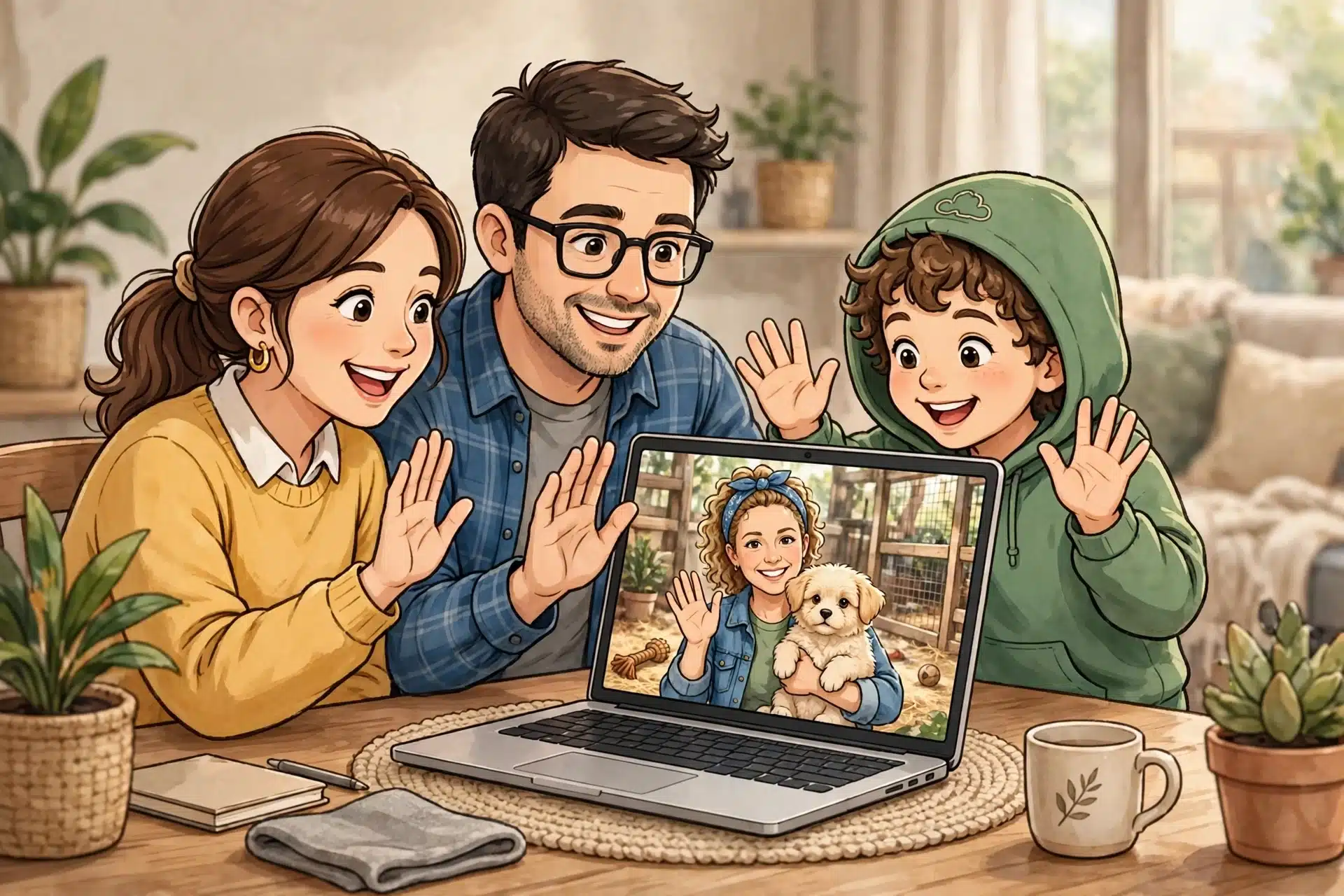Family waving during puppy video call