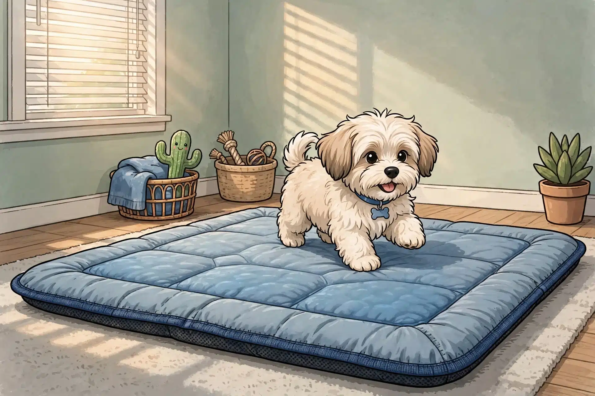 A fluffy Havanese puppy tests a blue gel cooling mat