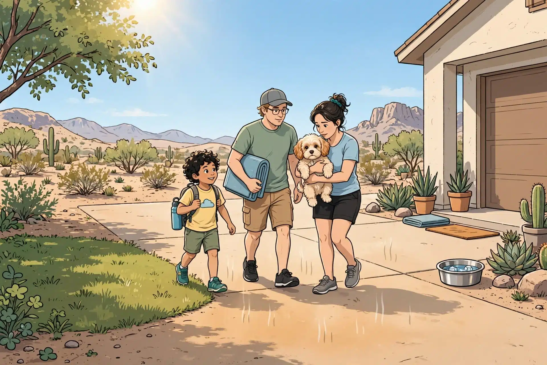 Family carrying puppy to grassy shade