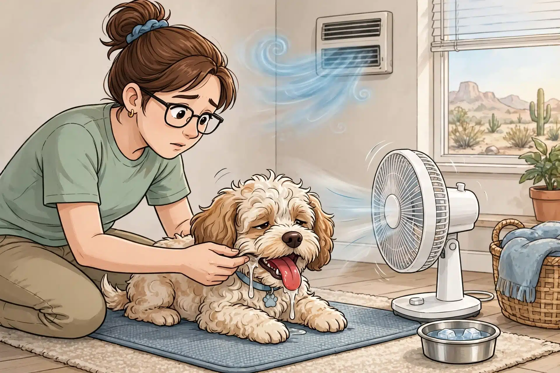 A concerned owner checks a puppy's gum color near a fan