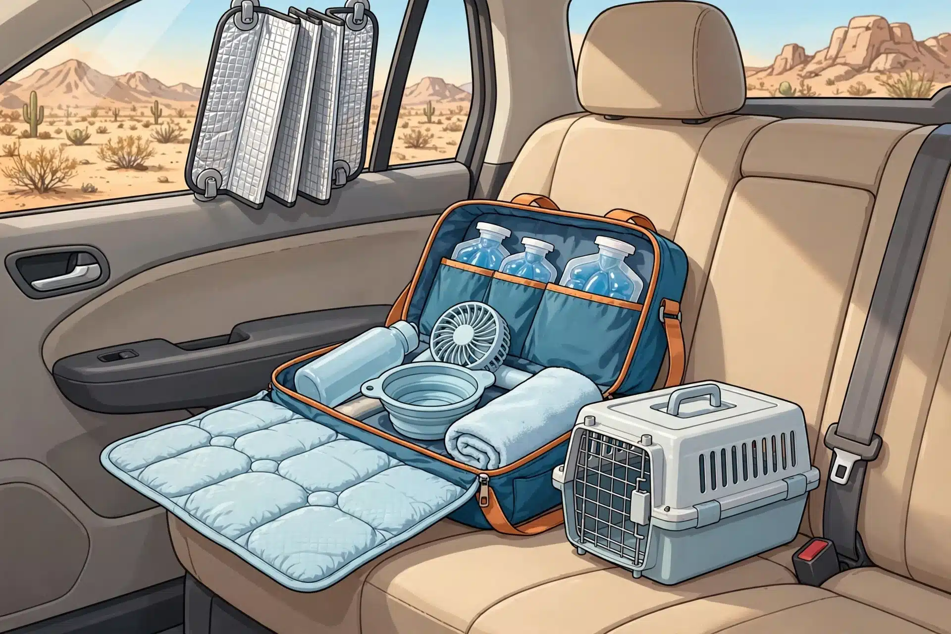 Open cooling kit beside puppy crate on car seat