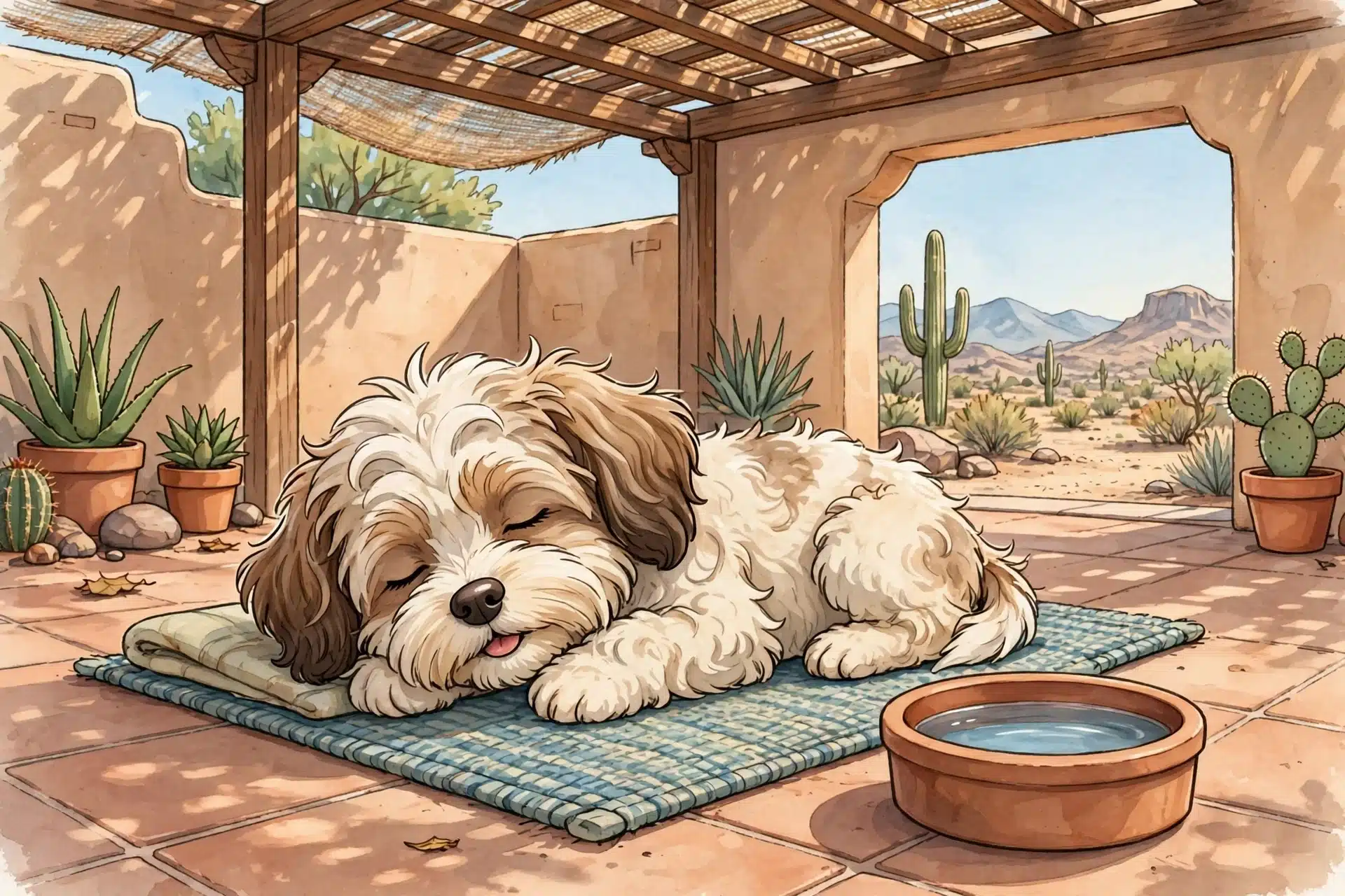 Shaded patio Havanese puppy resting beside water bowl