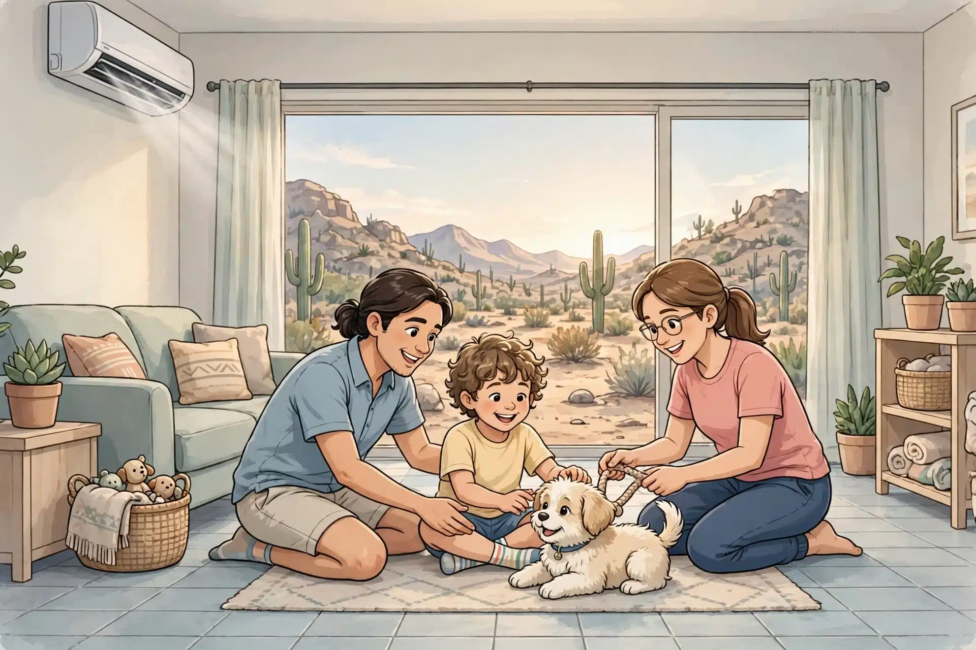 A family plays with a fluffy puppy on cool tile