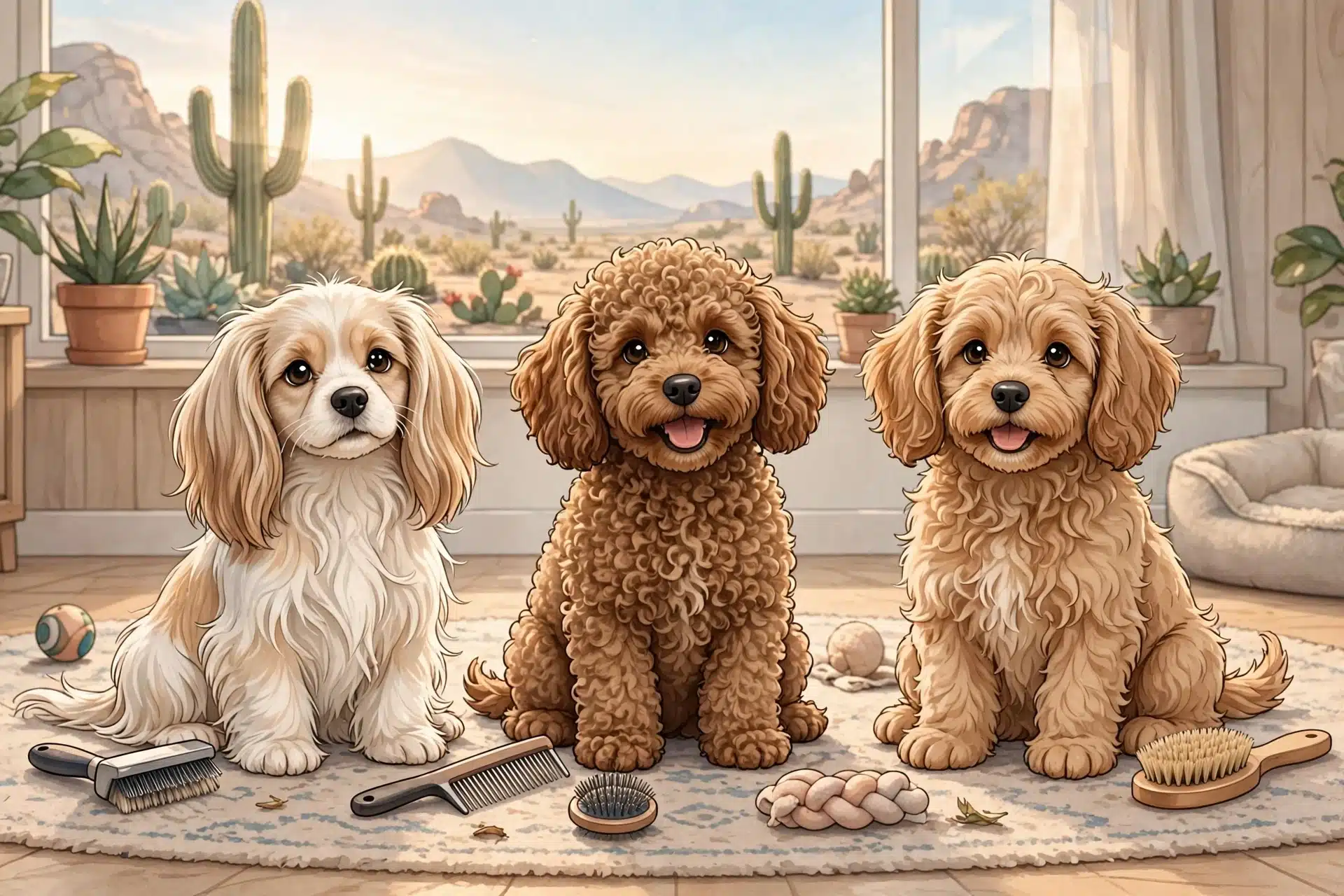 Three small fluffy dogs side by side indoors