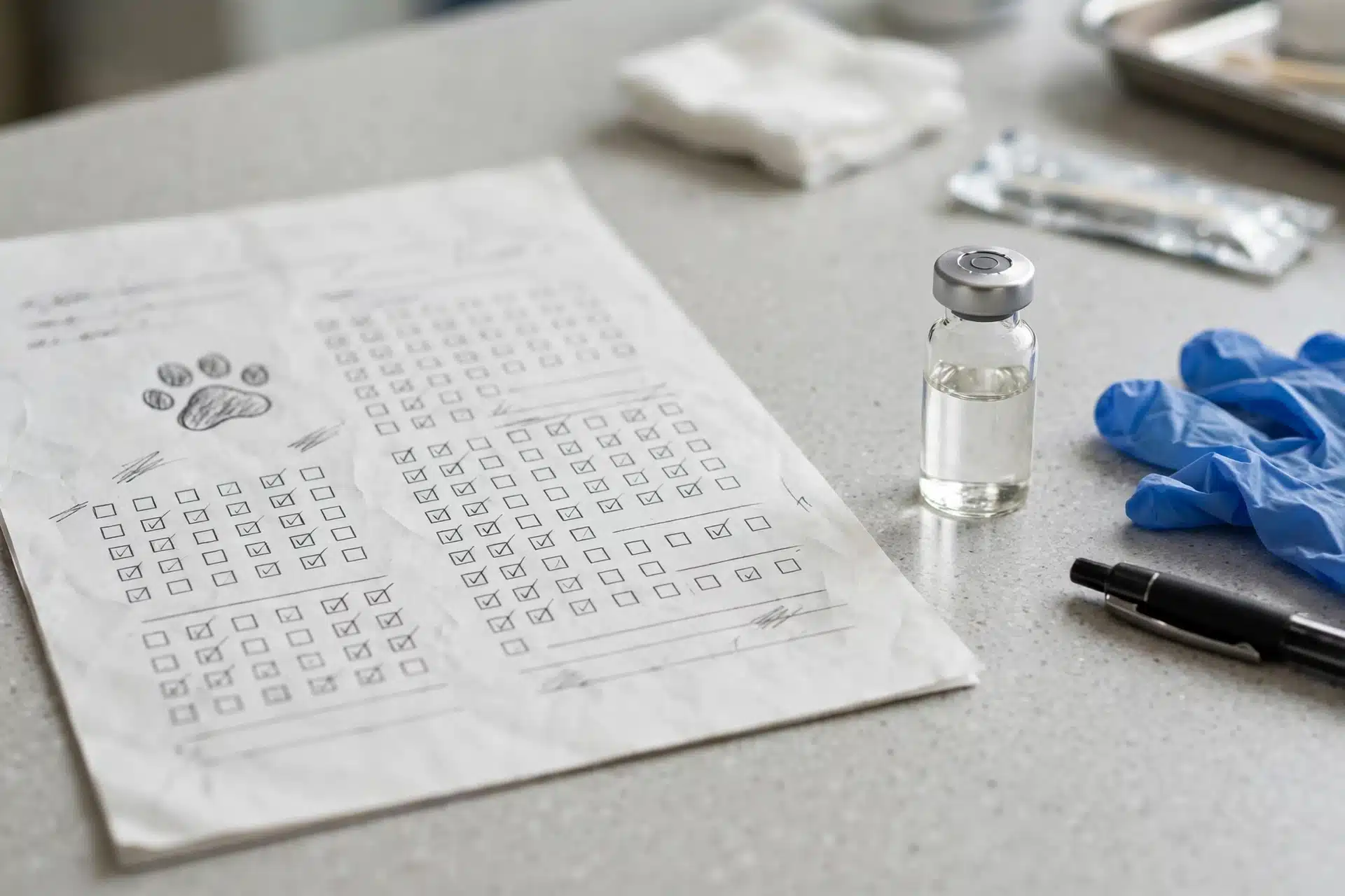 Vaccine vial beside handwritten puppy health record