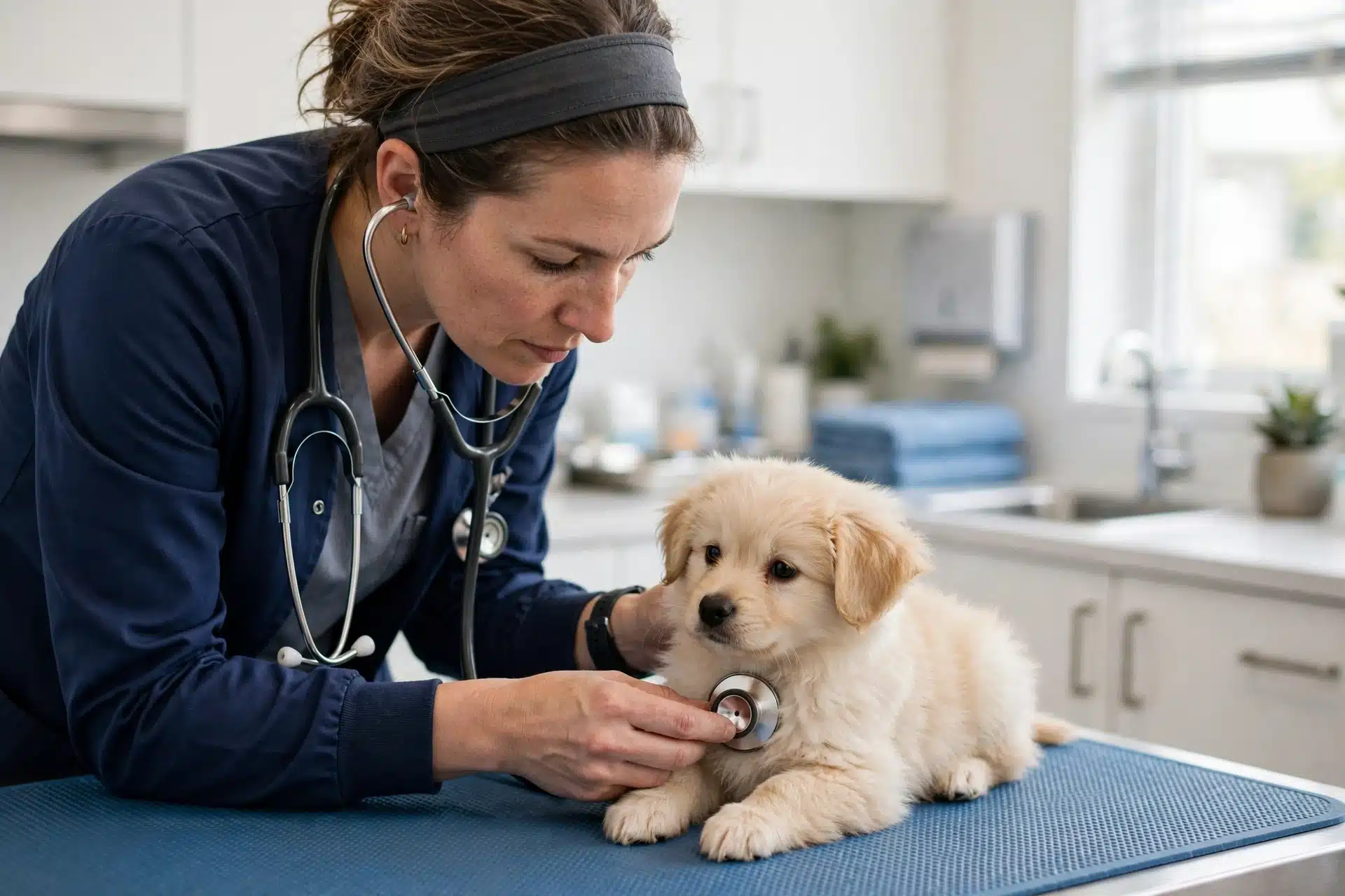 Veterinarian listens to fluffy puppy heartbeat