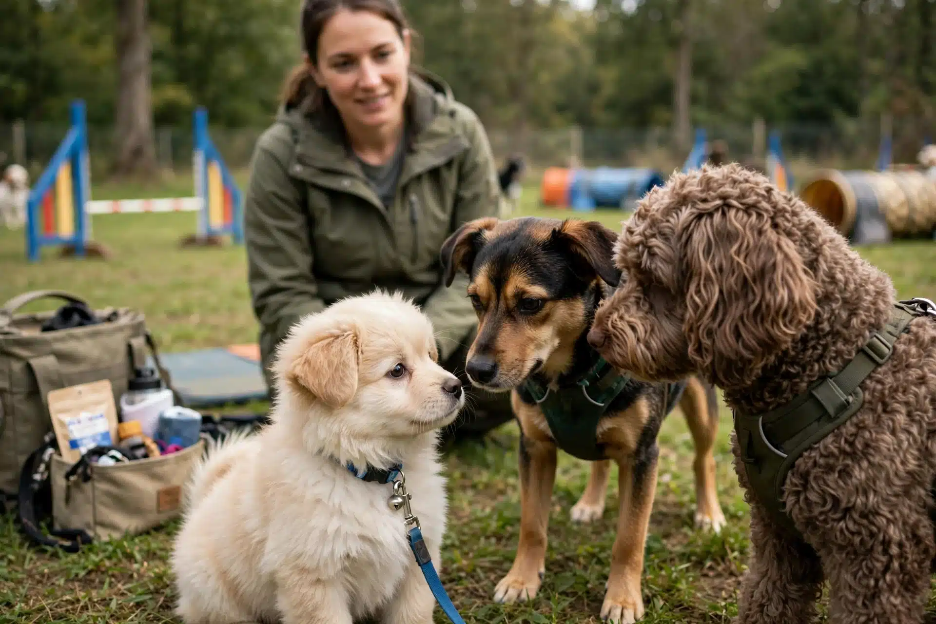 Fluffy puppy socializing at outdoor training class