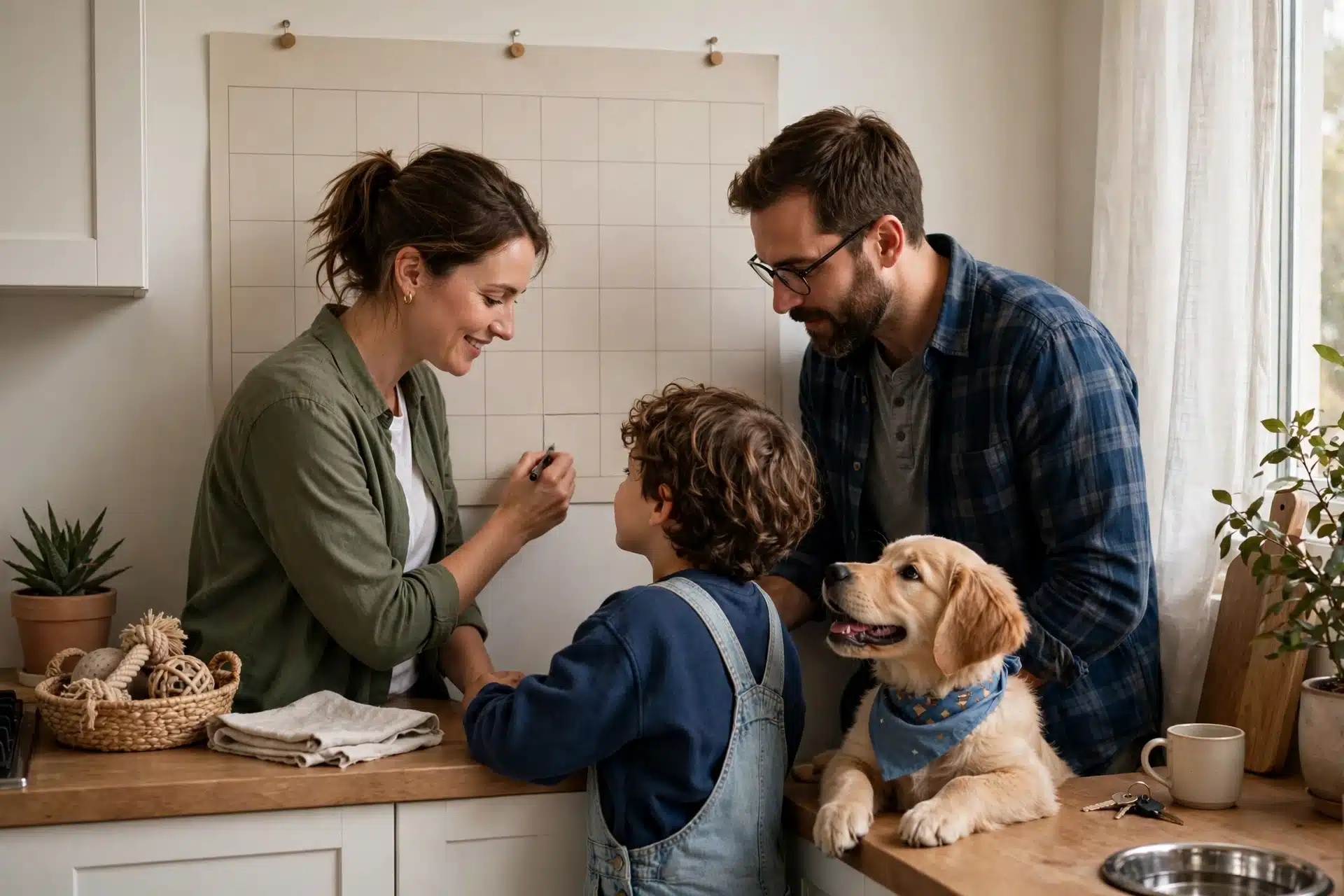 Family marking puppy booster date on calendar