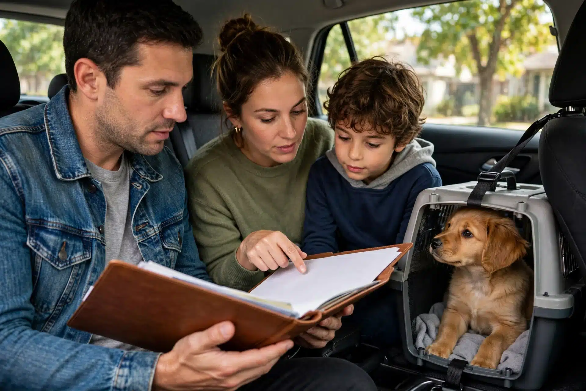Family reviewing travel documents beside puppy carrier