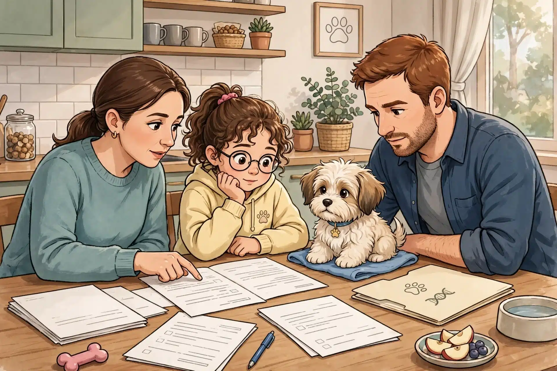 Family reviewing puppy contract with Havanese on table