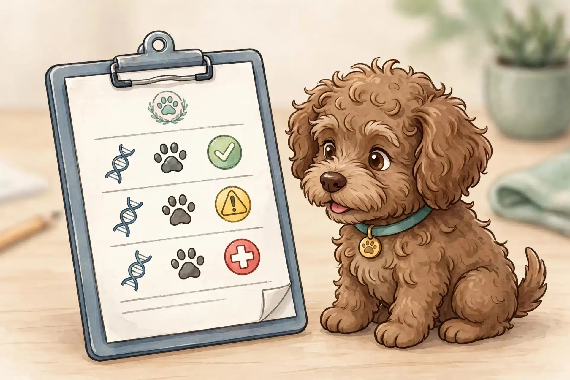 A curly-coated puppy beside a genetic testing certificate