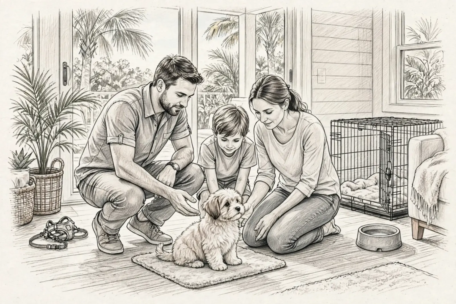 A Florida family lovingly greets their new fluffy puppy, who sits on a mat indoors, preparing for its first week. The scene includes a dog crate and palm trees visible through the window.
