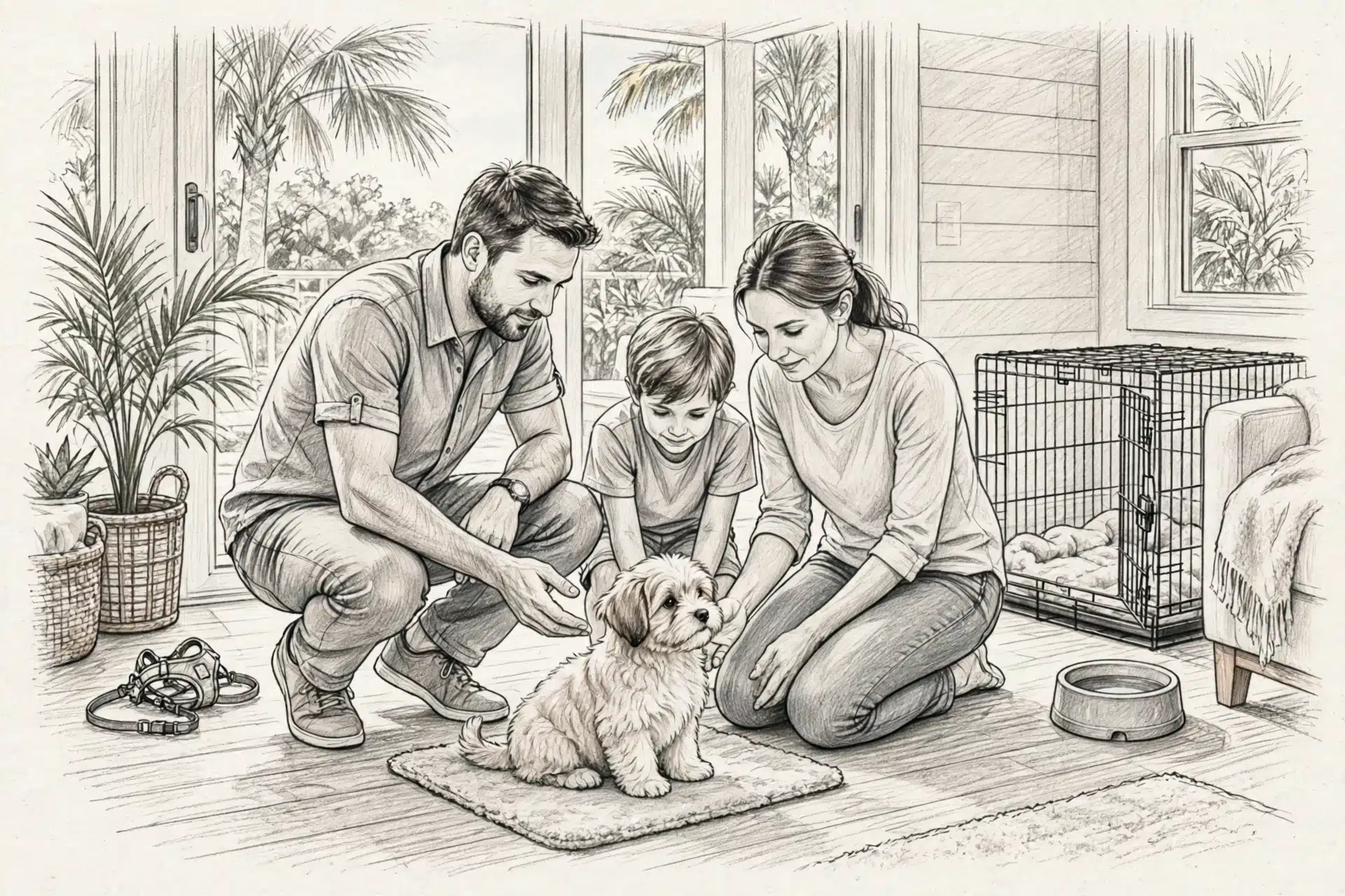 Calm family greeting Havanese puppy in sunlit living room