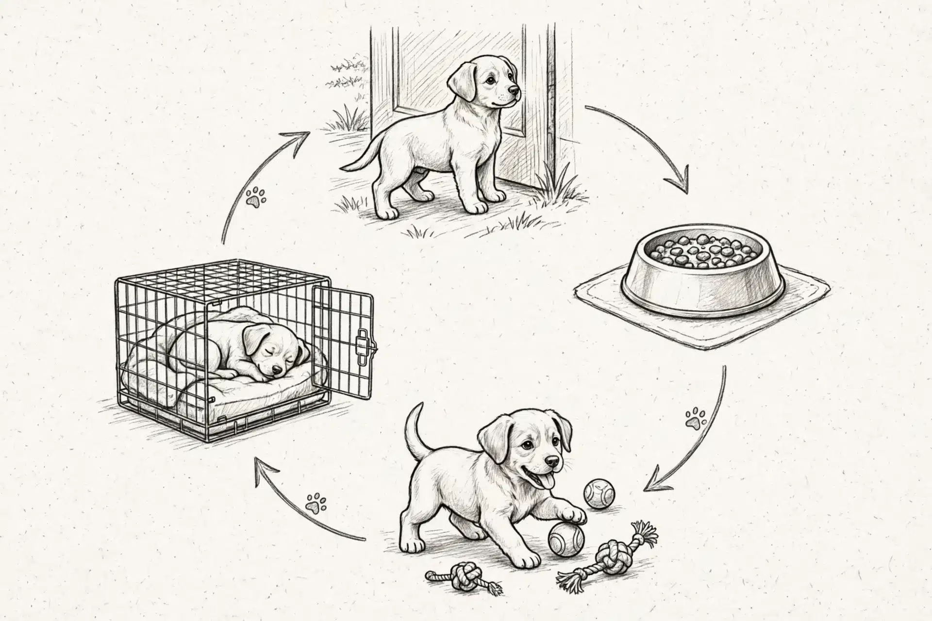 Pencil sketch of a puppy routine cycle