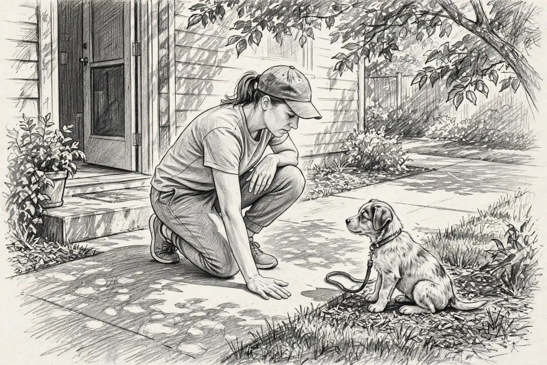 Hand testing hot pavement before puppy steps out