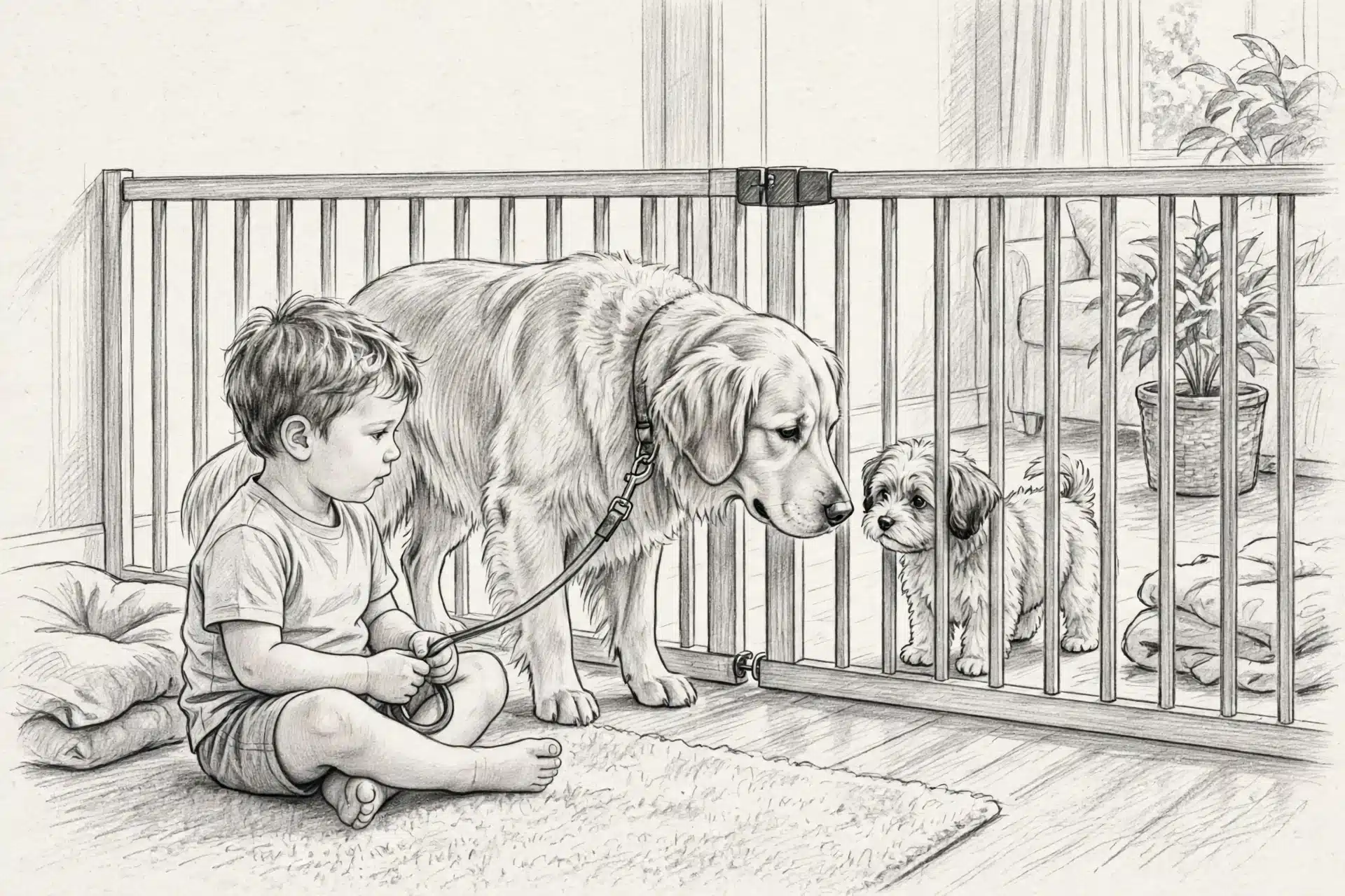 Toddler watching leashed golden retriever meet puppy behind gate