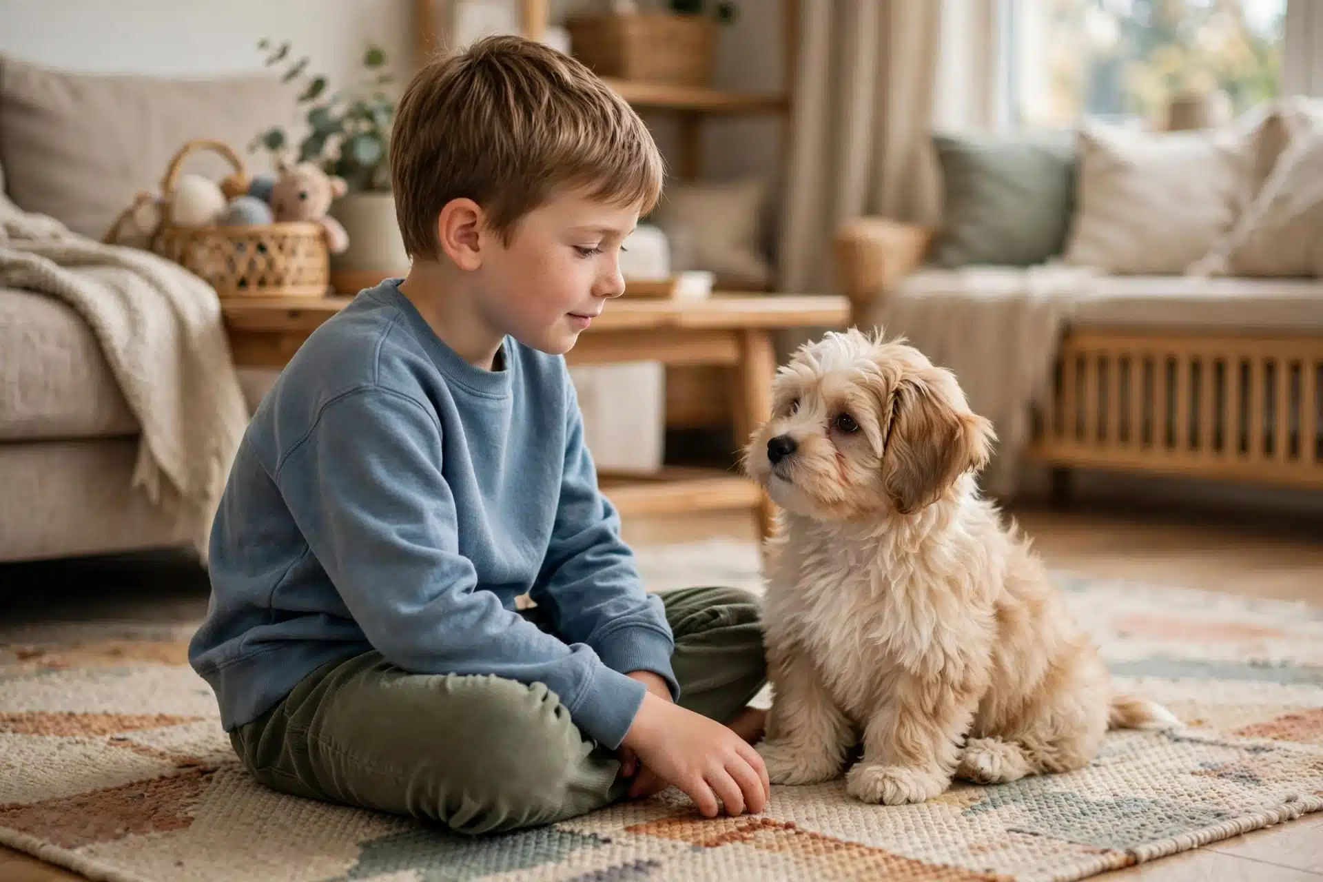 A Havanese puppy sits beside a child on a rug