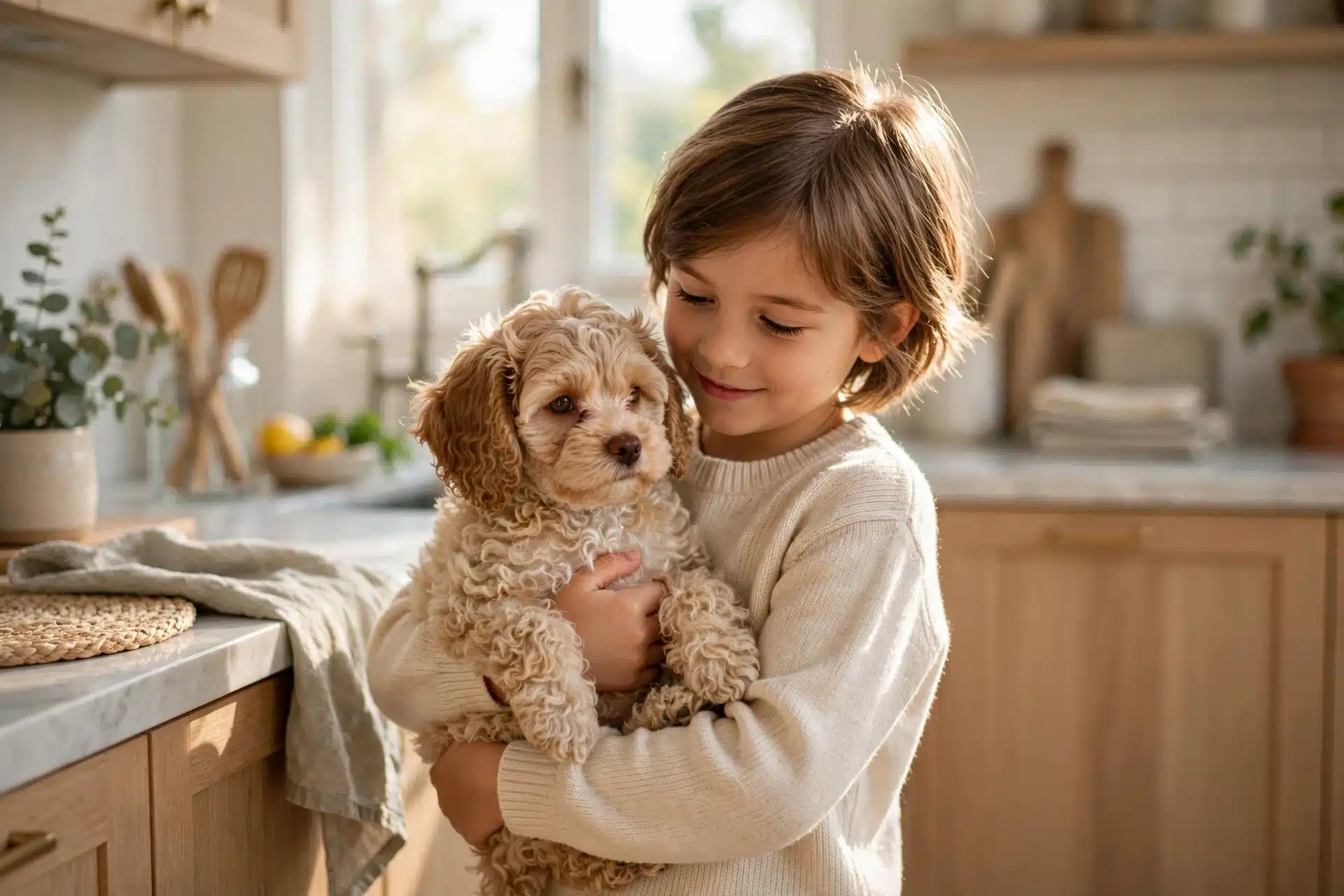 A child holding a curly Cavapoo puppy