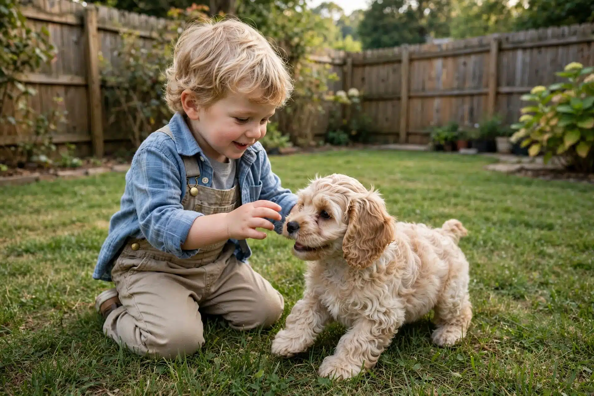 Wavy-coated Havapoo puppy playing with toddler
