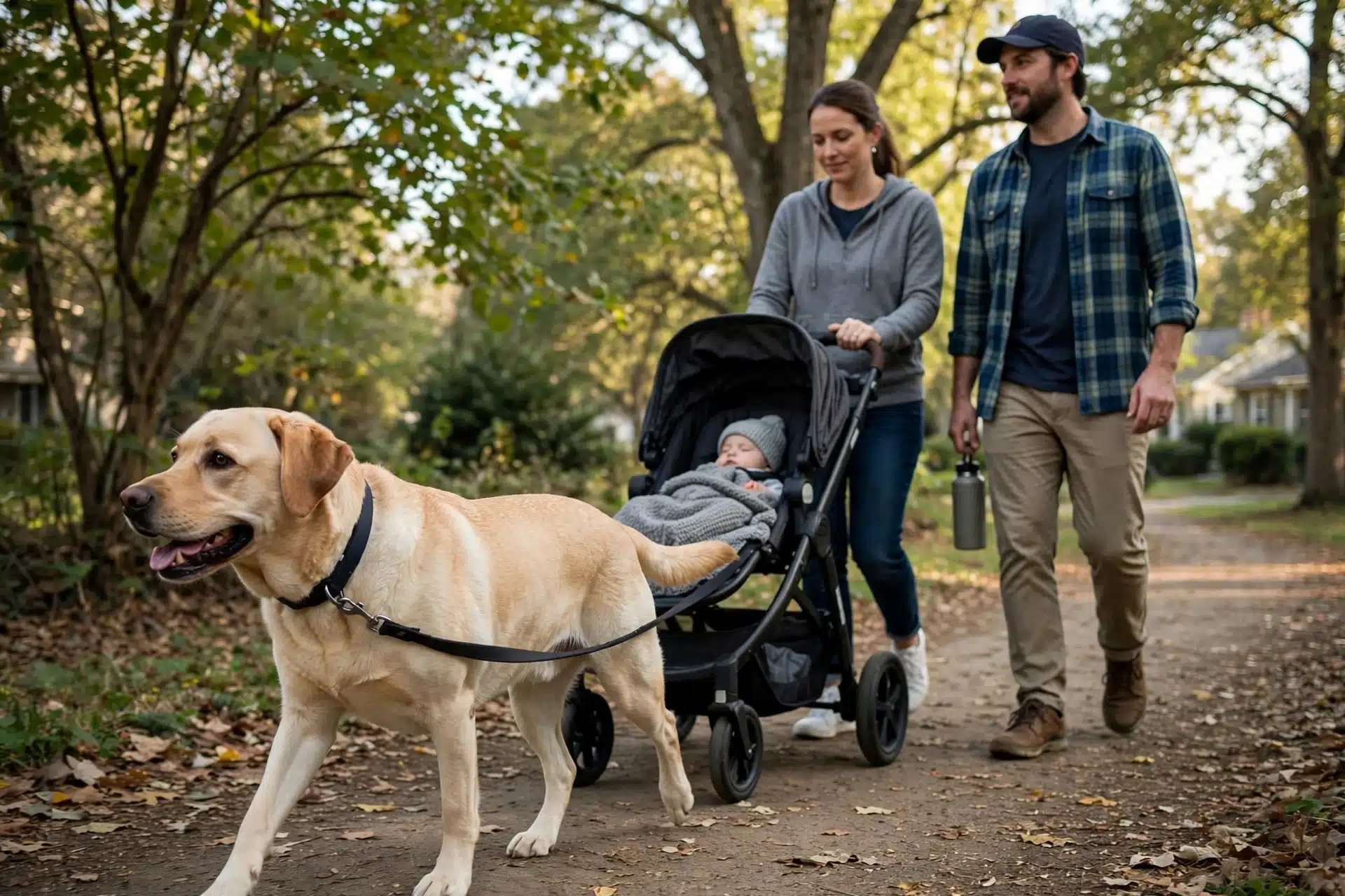Yellow Labrador walking beside family stroller on trail
