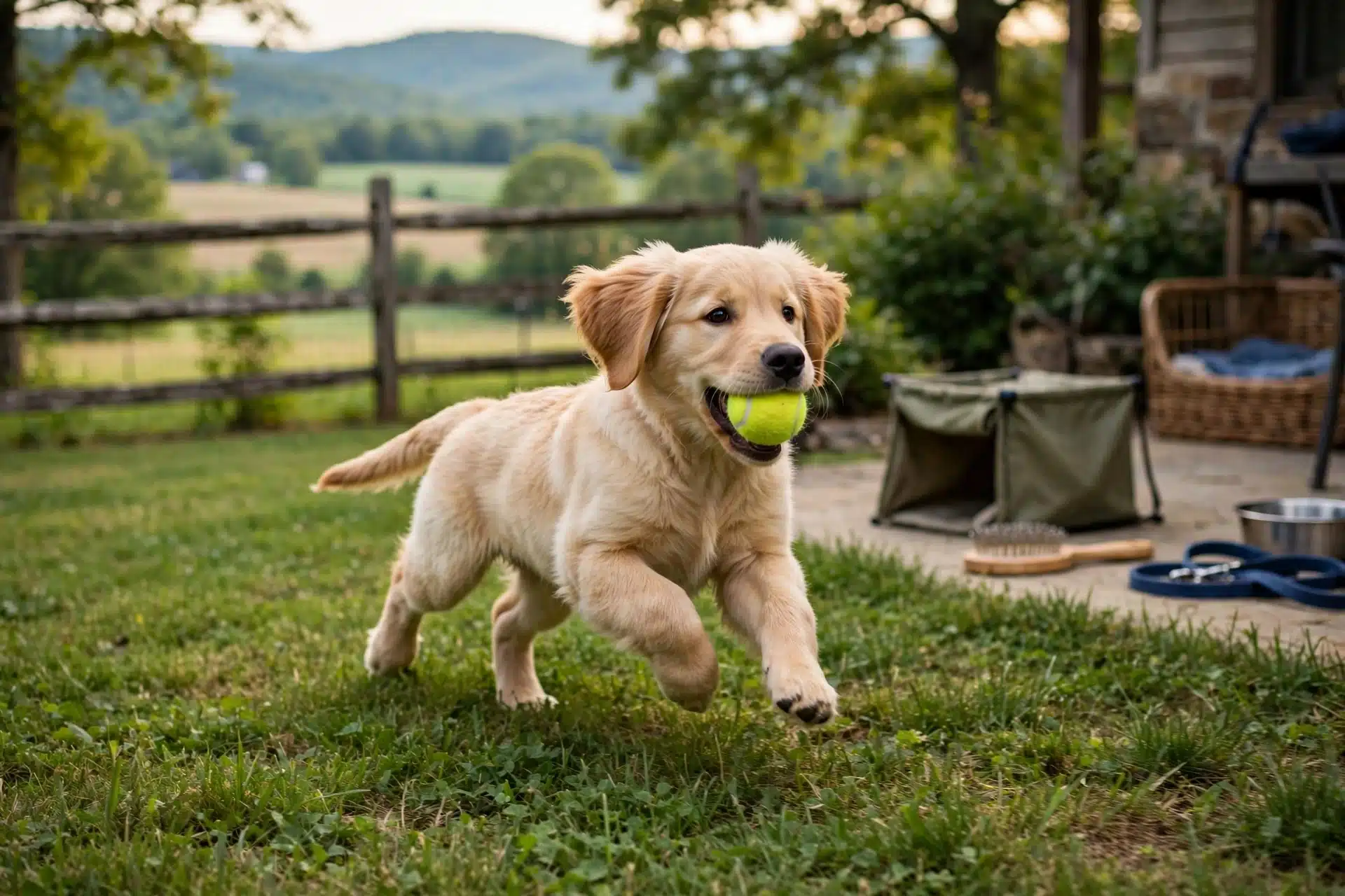 Golden retriever puppy fetching ball in Kentucky backyard