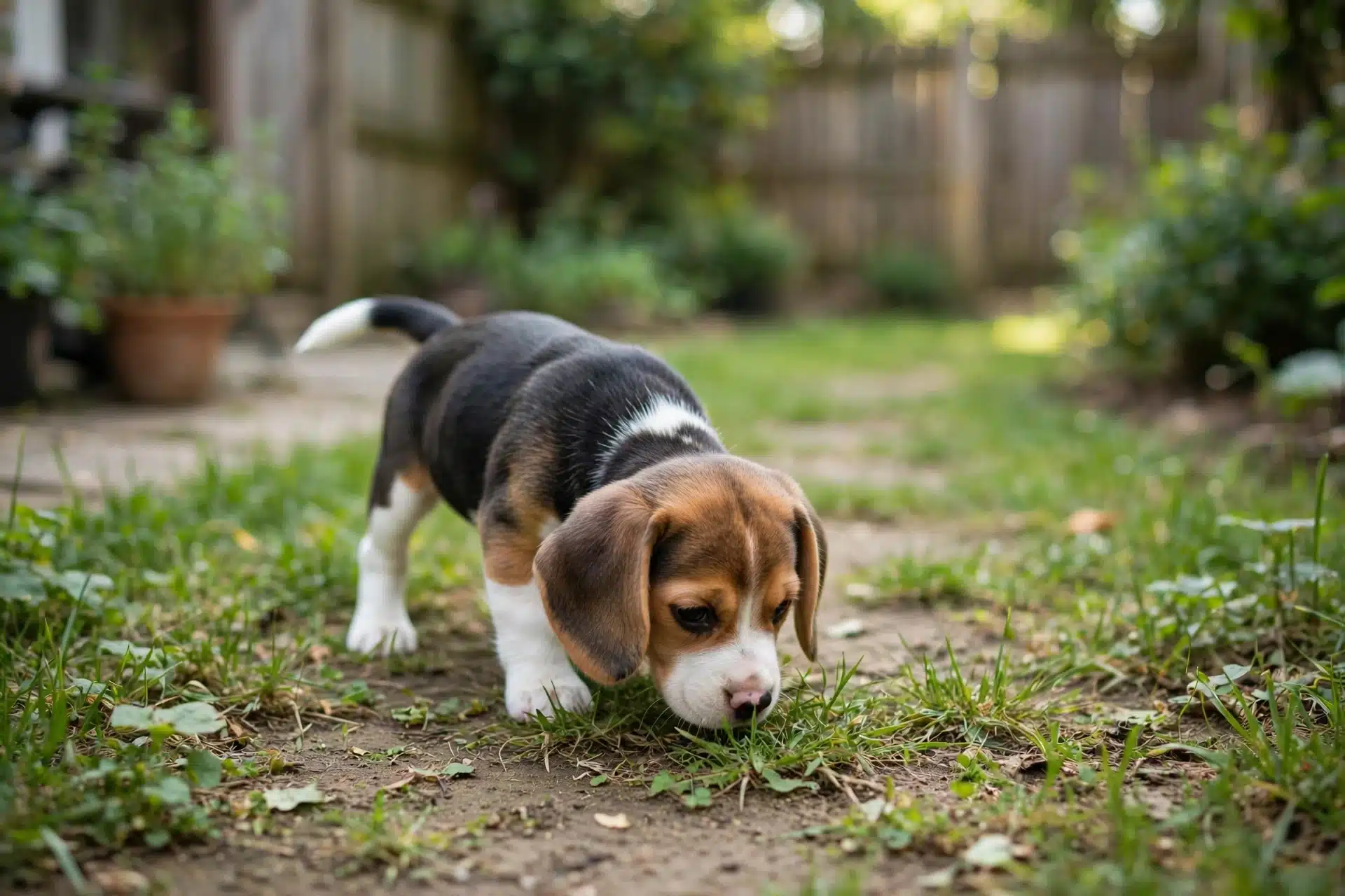 Tri-color Beagle puppy sniffing grassy backyard path
