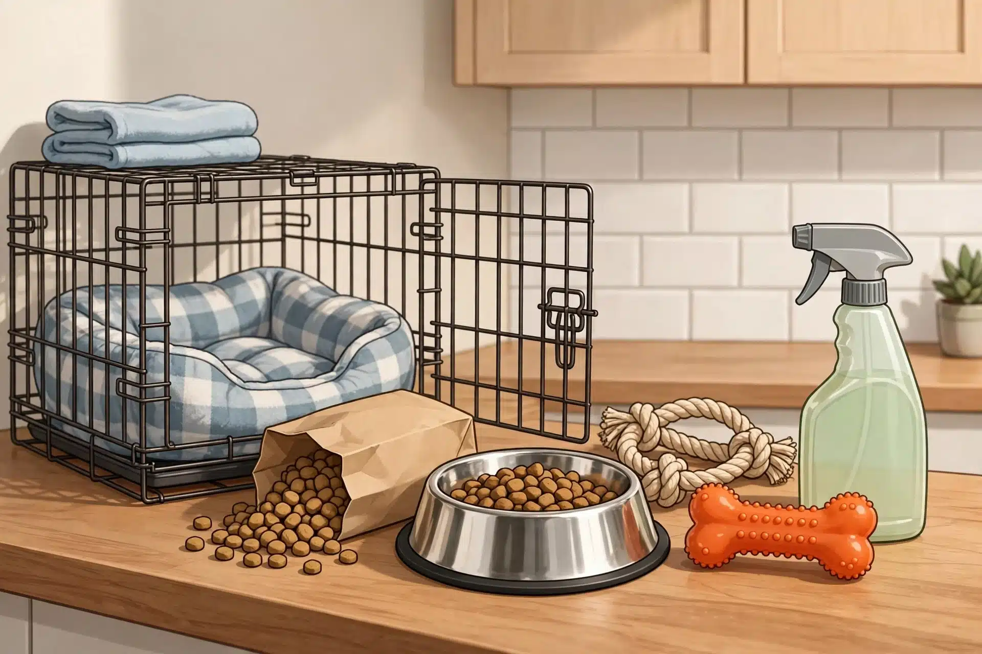 Puppy supplies arranged on a kitchen counter