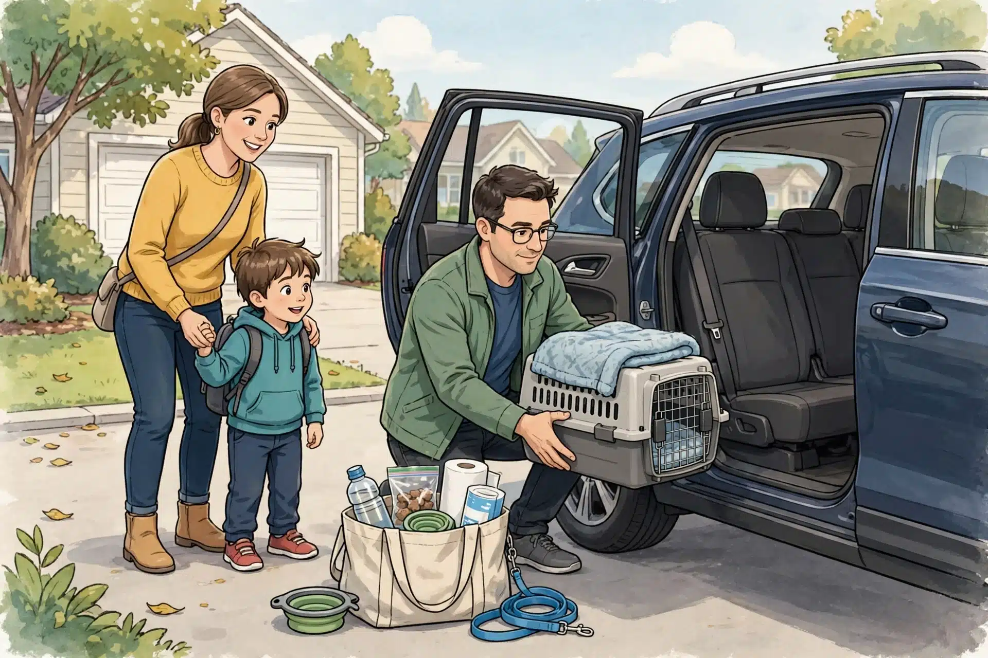 A family securing a puppy crate in a car