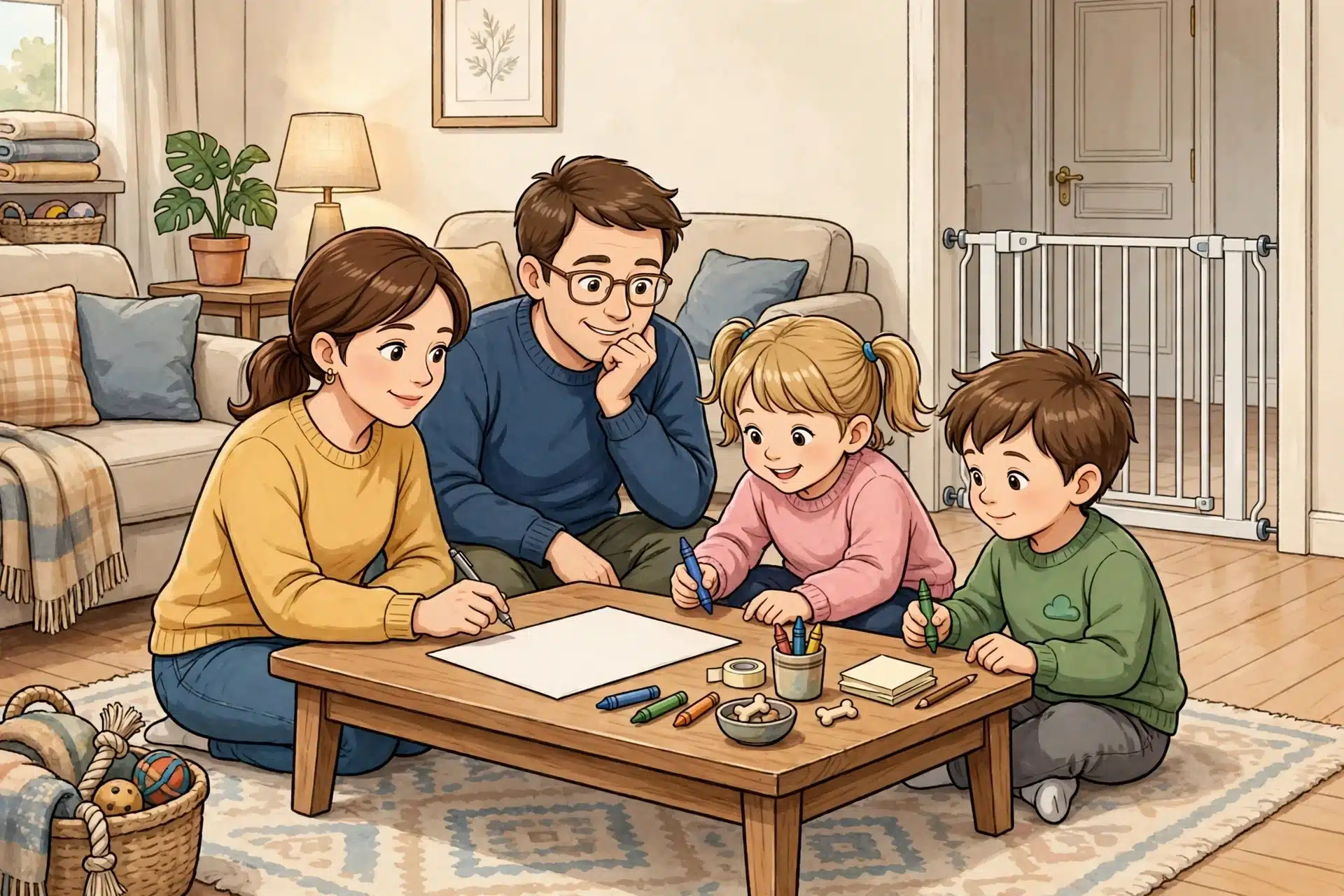 Family drafting puppy rules around coffee table