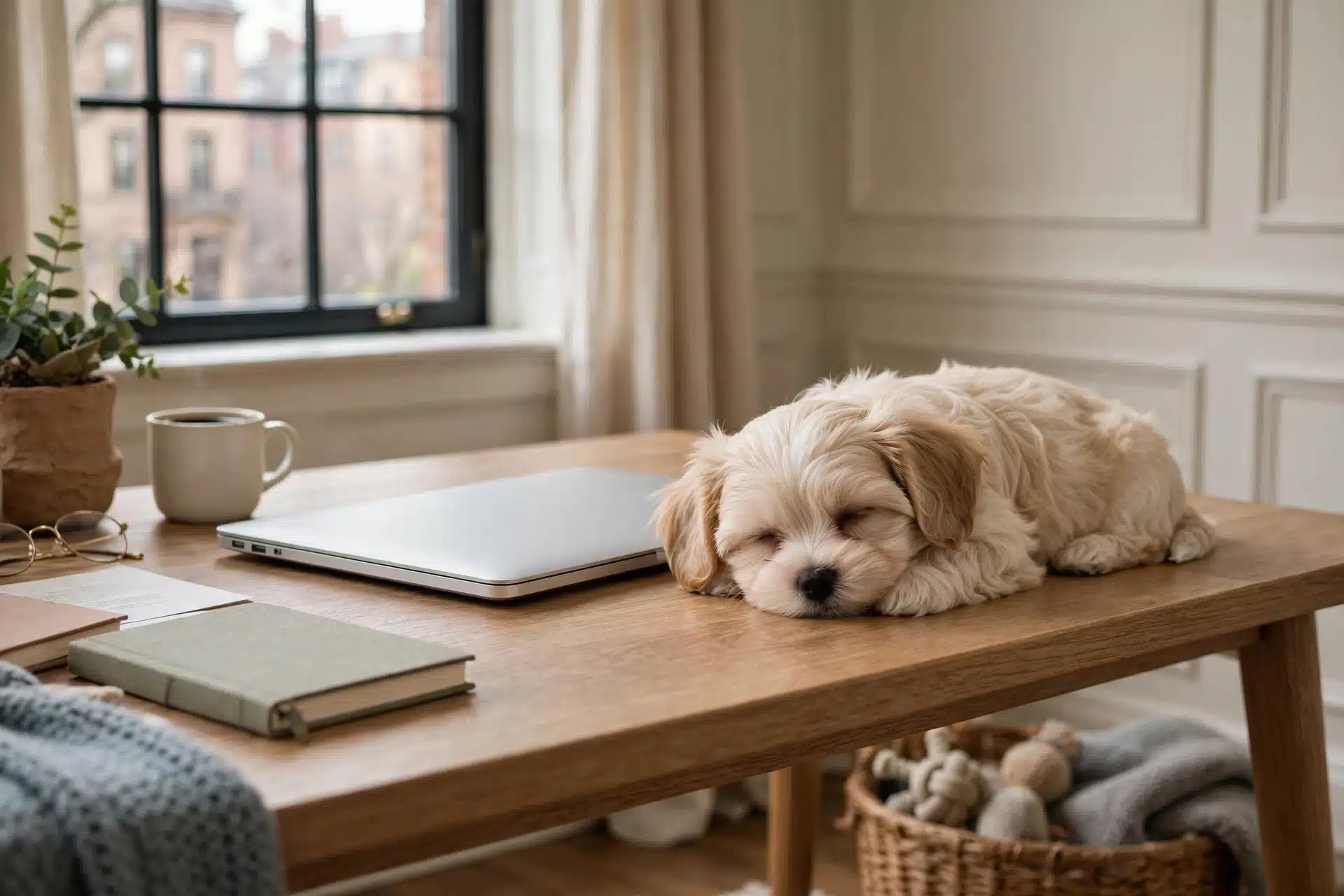 Silky Havanese puppy resting beside open laptop