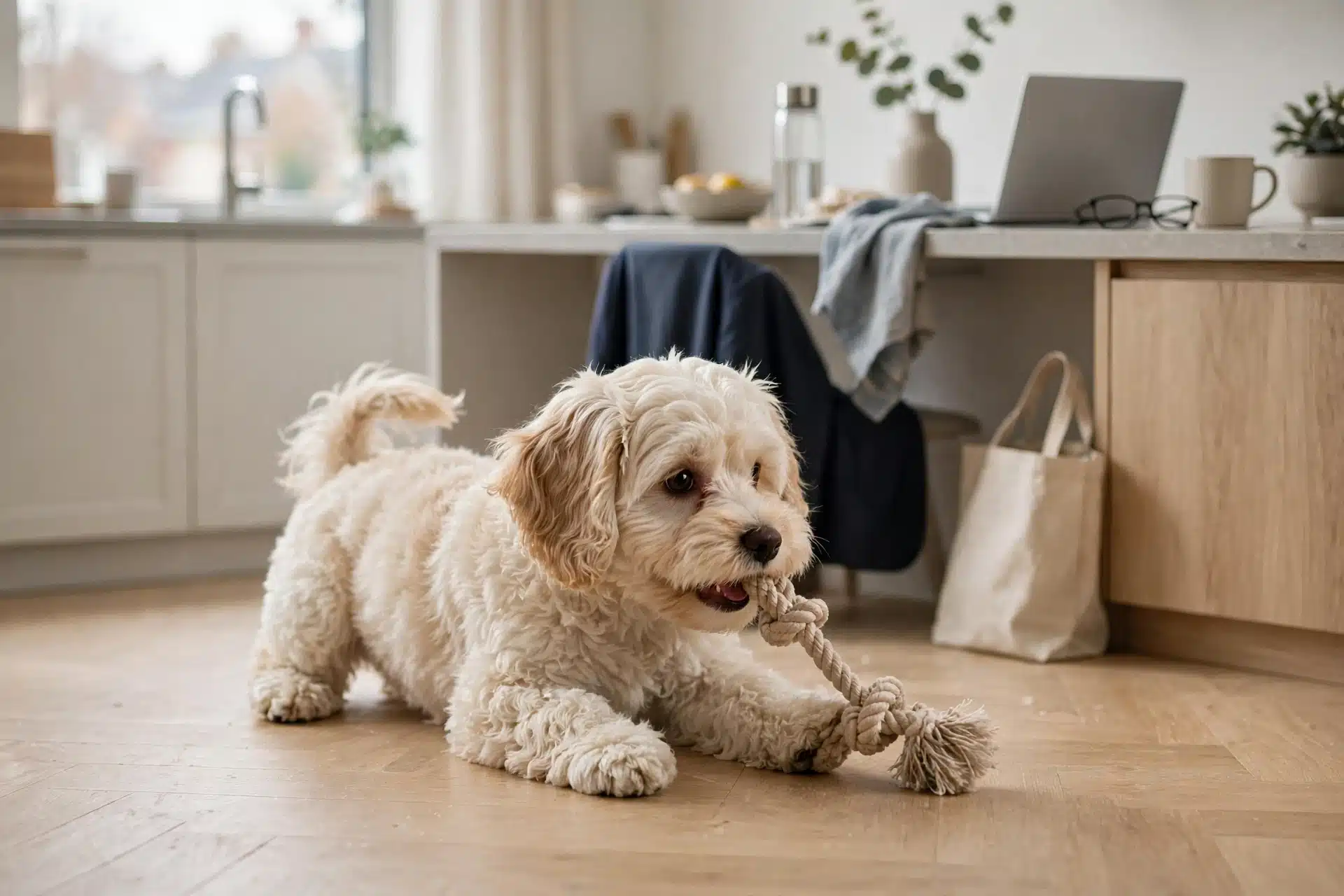Cream Havapoo puppy tugging rope toy on kitchen floor