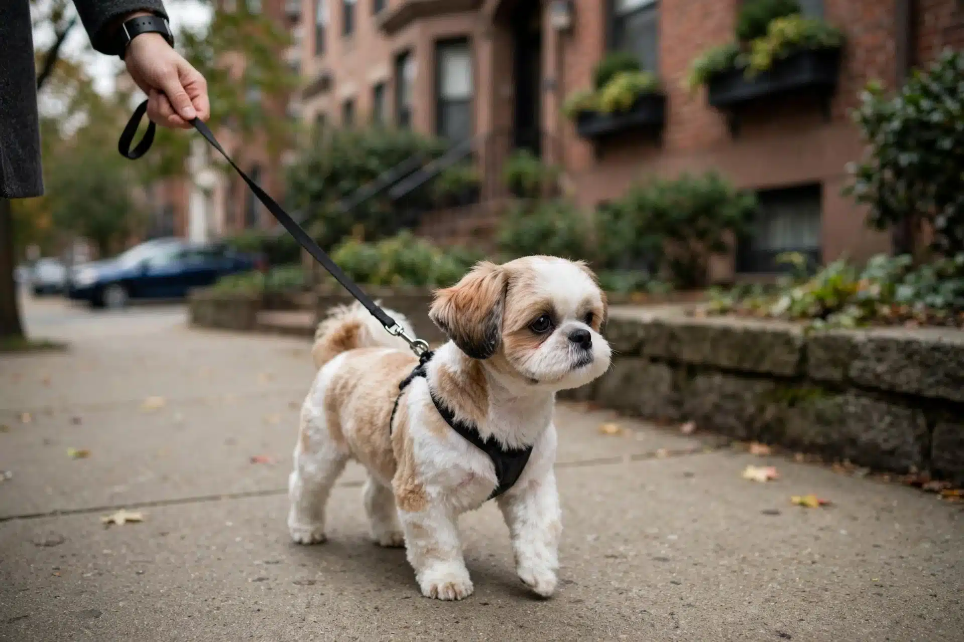 Shih Tzu puppy walking on quiet sidewalk