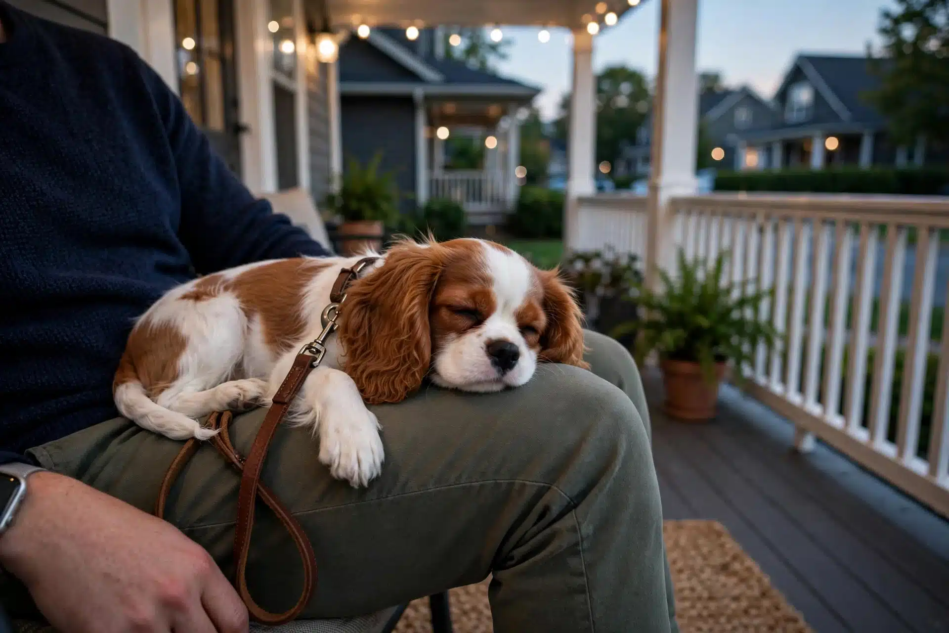Blenheim Cavalier puppy resting on owner's lap