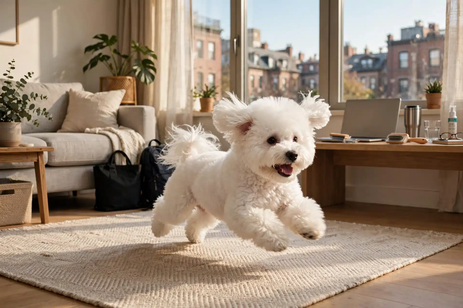 Sunlit Bichon Frise puppy sprinting across apartment rug