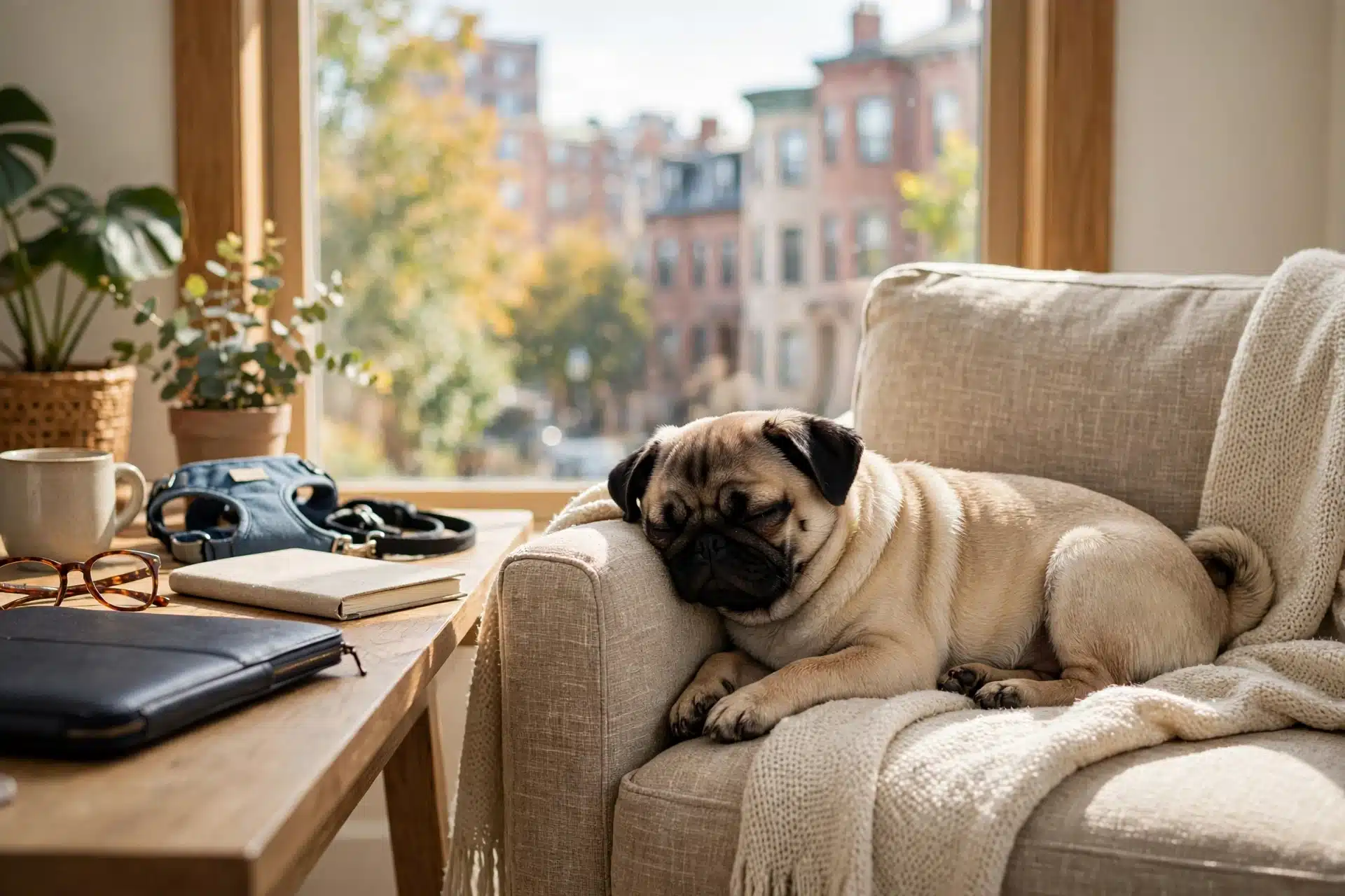Fawn pug puppy napping on sunny armchair