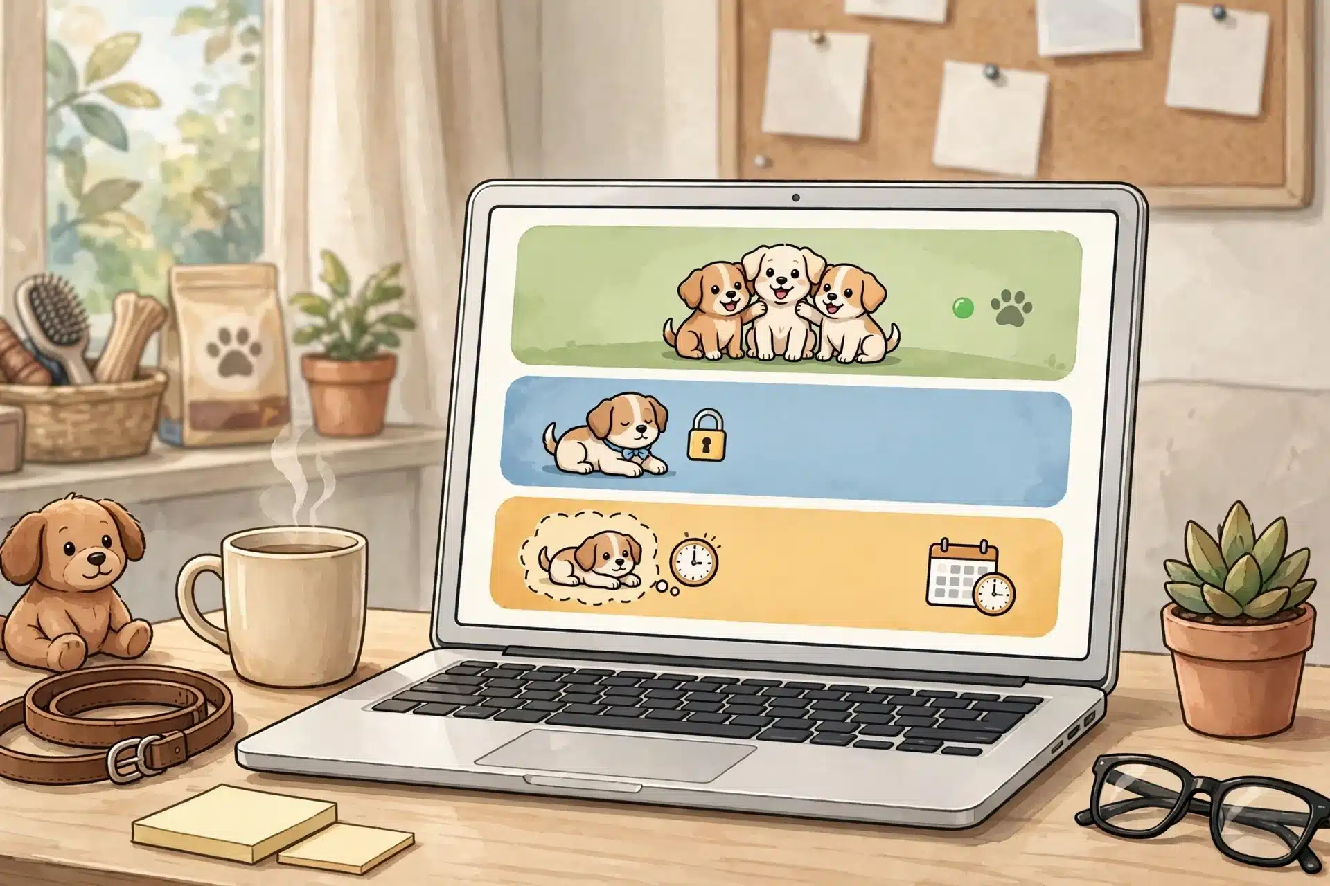 Cartoon laptop screen showing puppy litter statuses