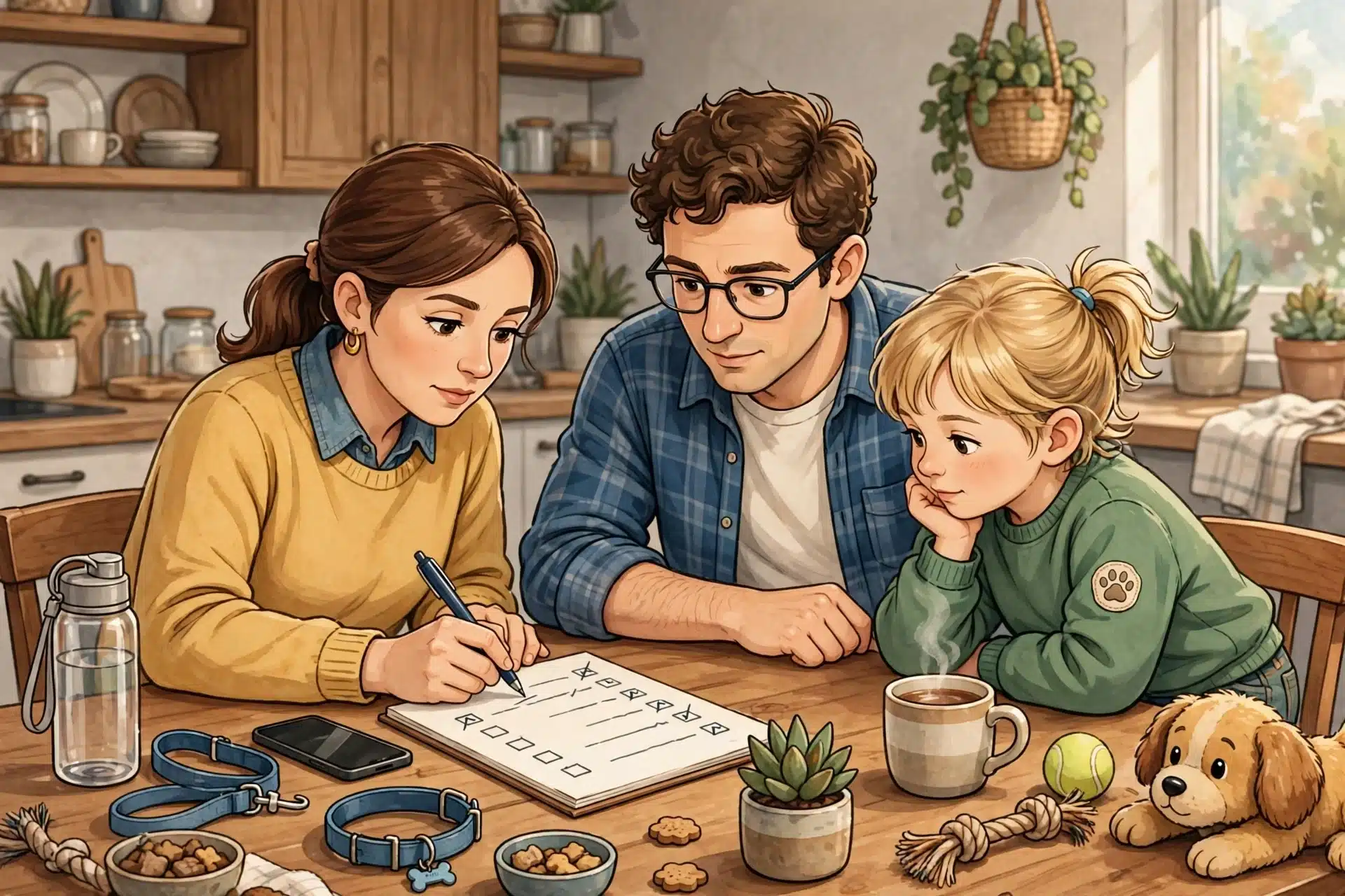 Family writing breeder questions at kitchen table