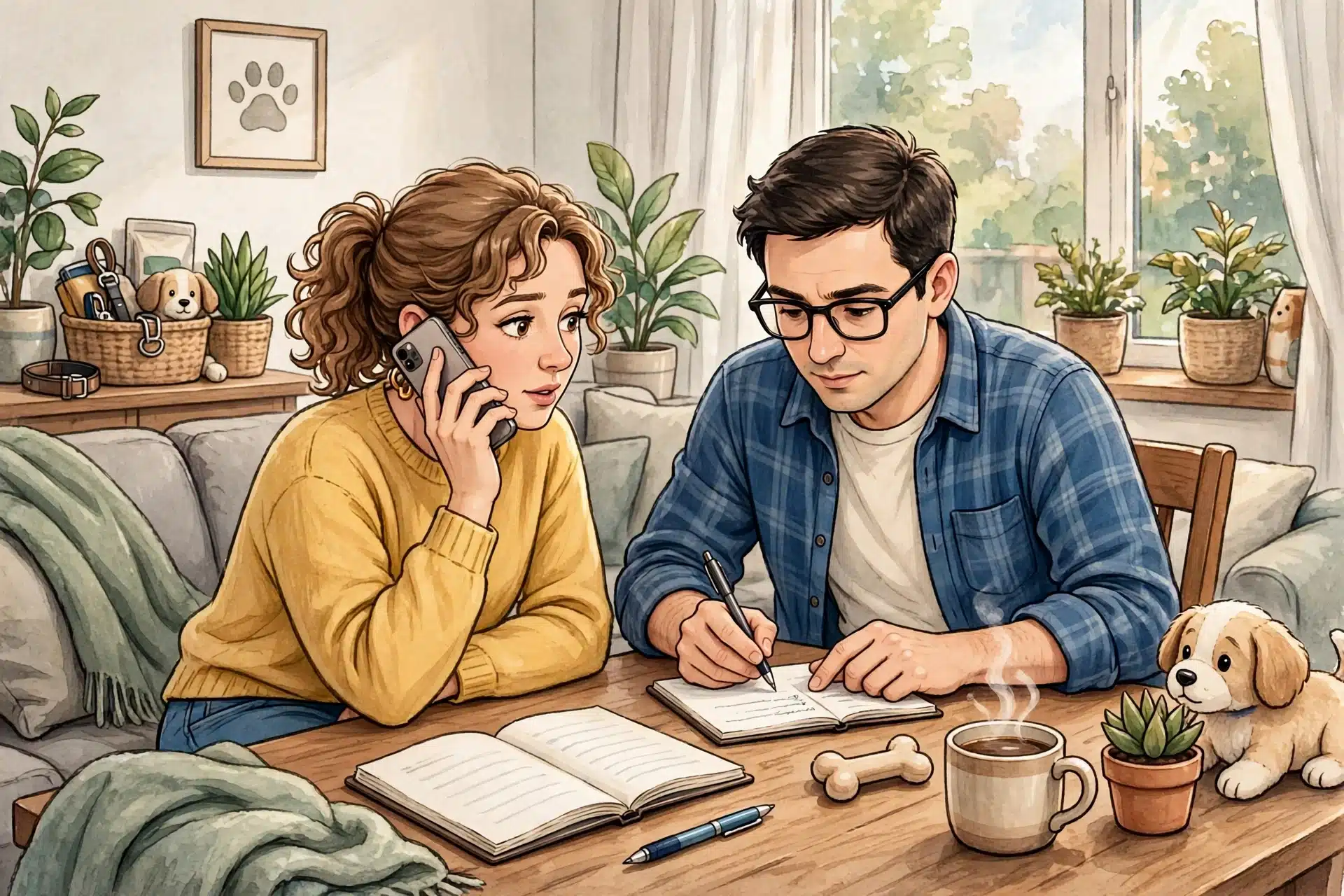 Couple on phone noting puppy waitlist terms