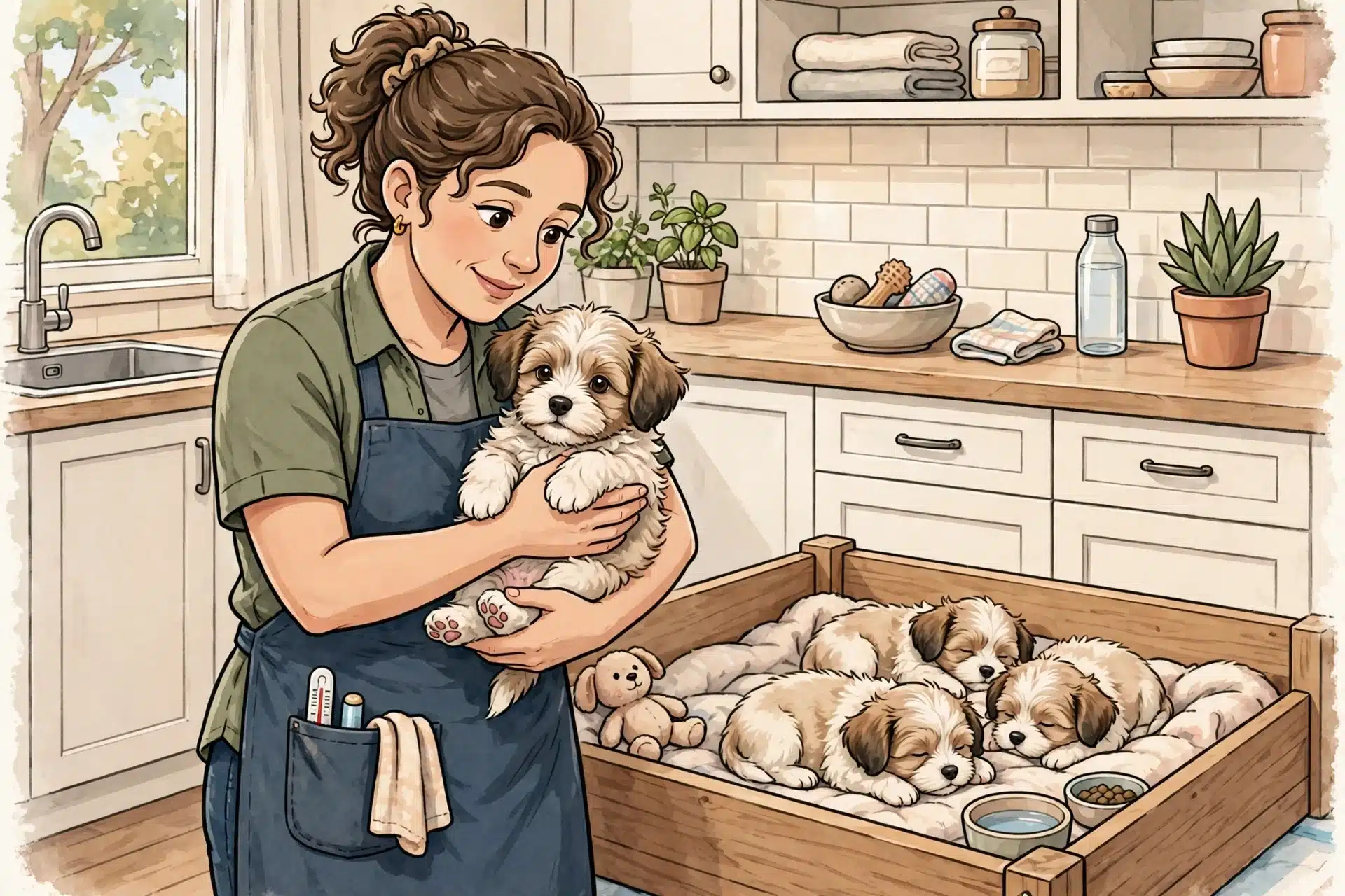 A breeder holding a puppy beside a whelping box