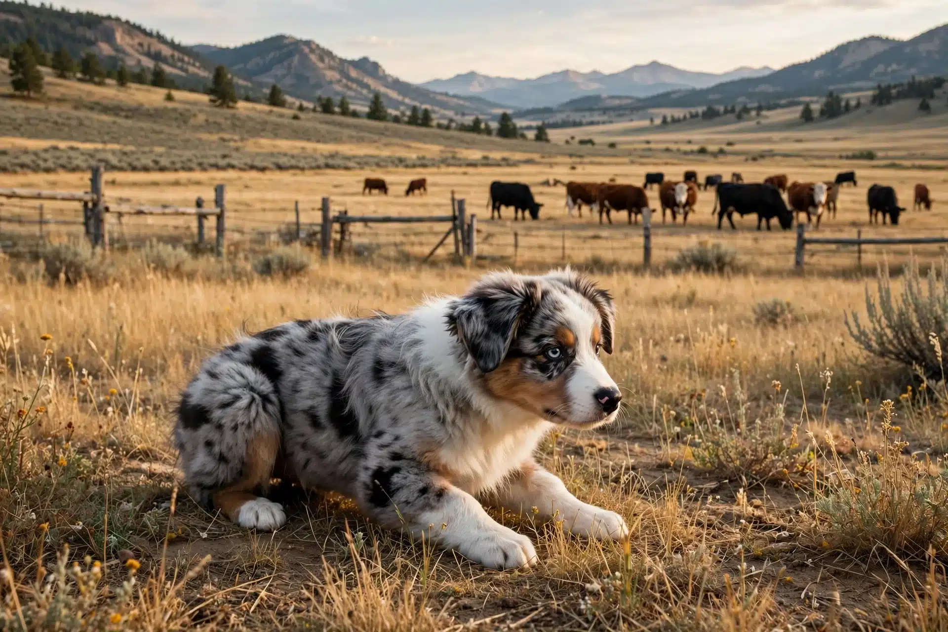 Australian Shepherd puppy herding cattle in Montana pasture