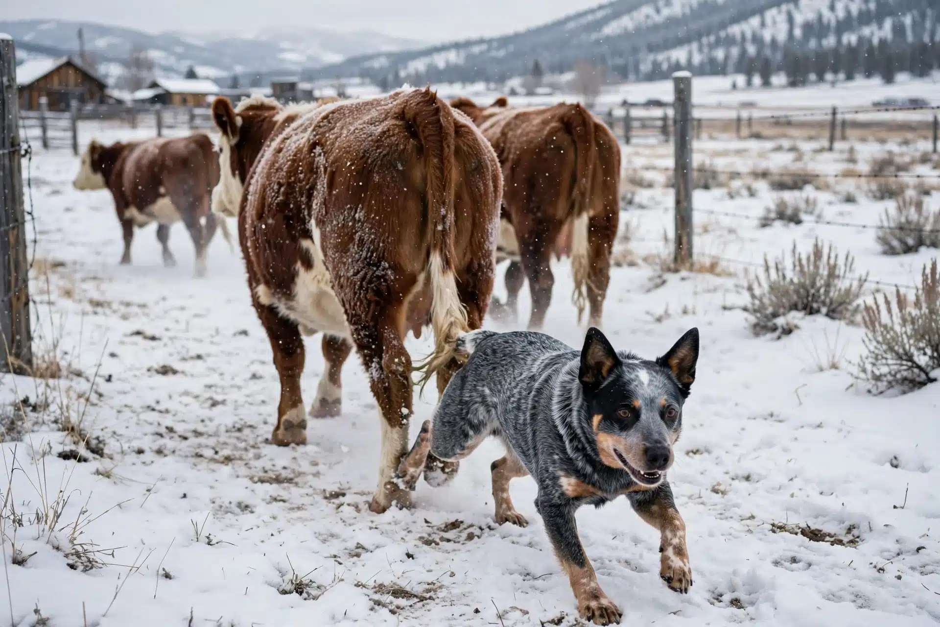 Blue heeler working cattle in snowy Montana pasture