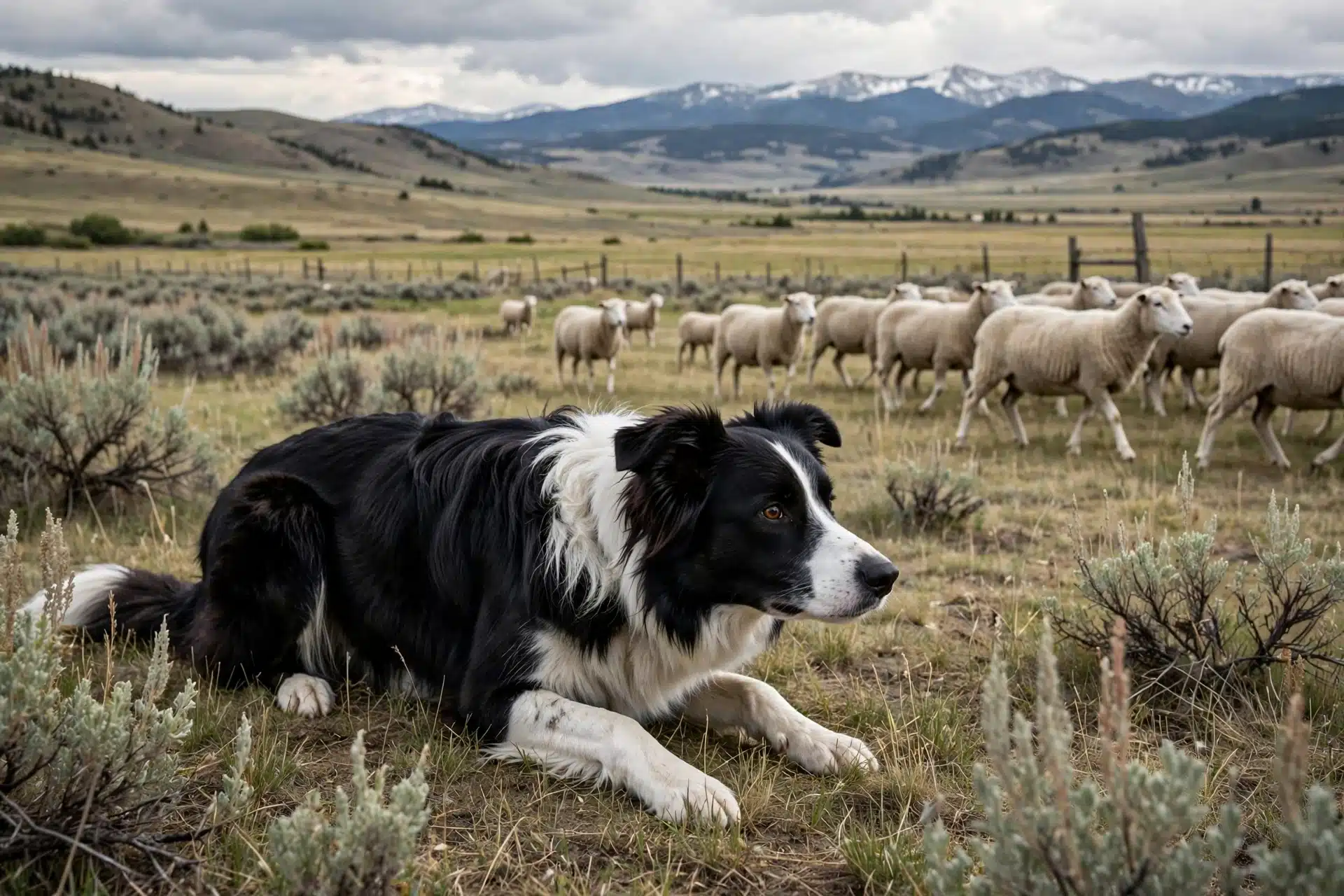 Border collie crouching low herding sheep across Montana rangeland