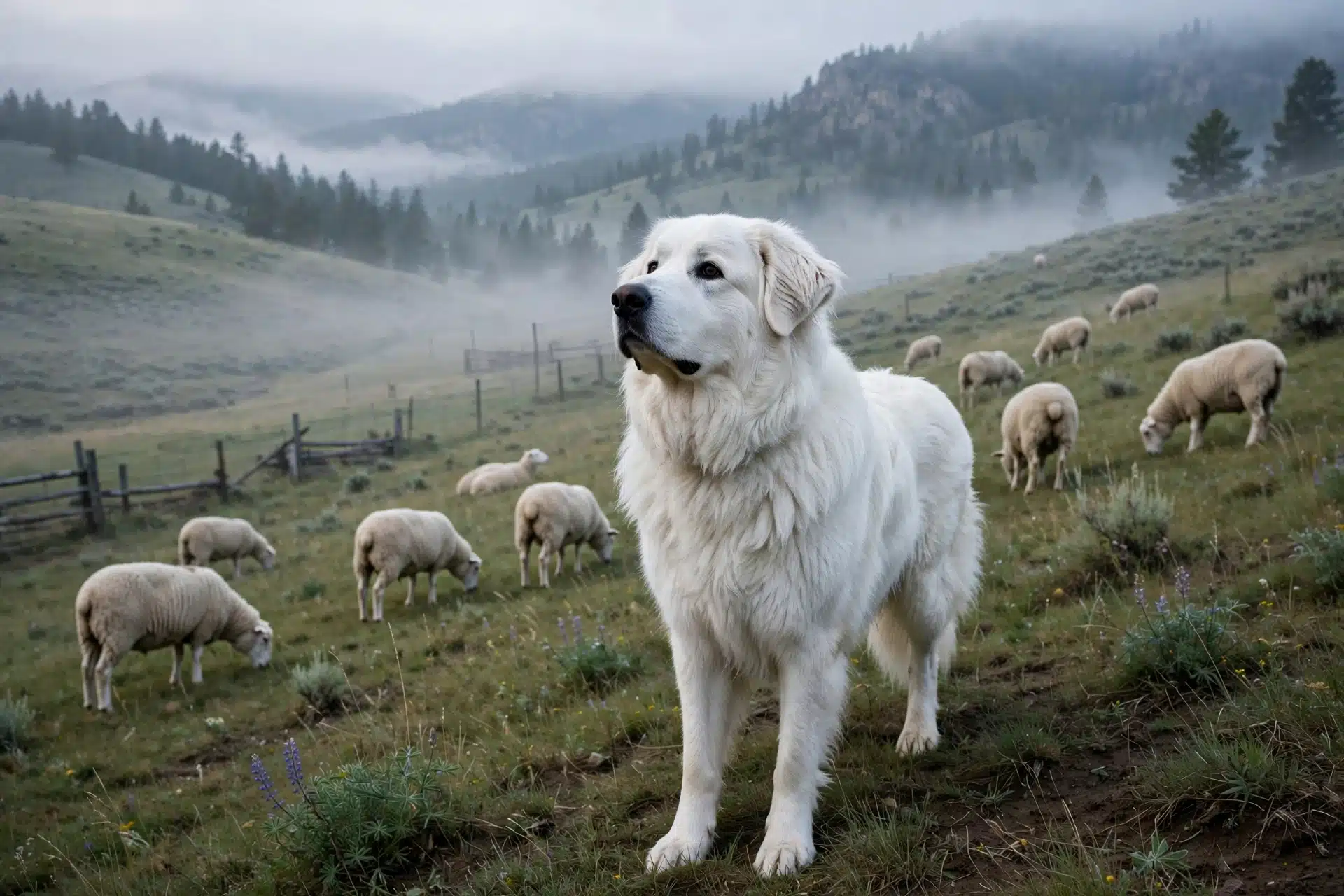Great Pyrenees guarding sheep on misty Montana hillside