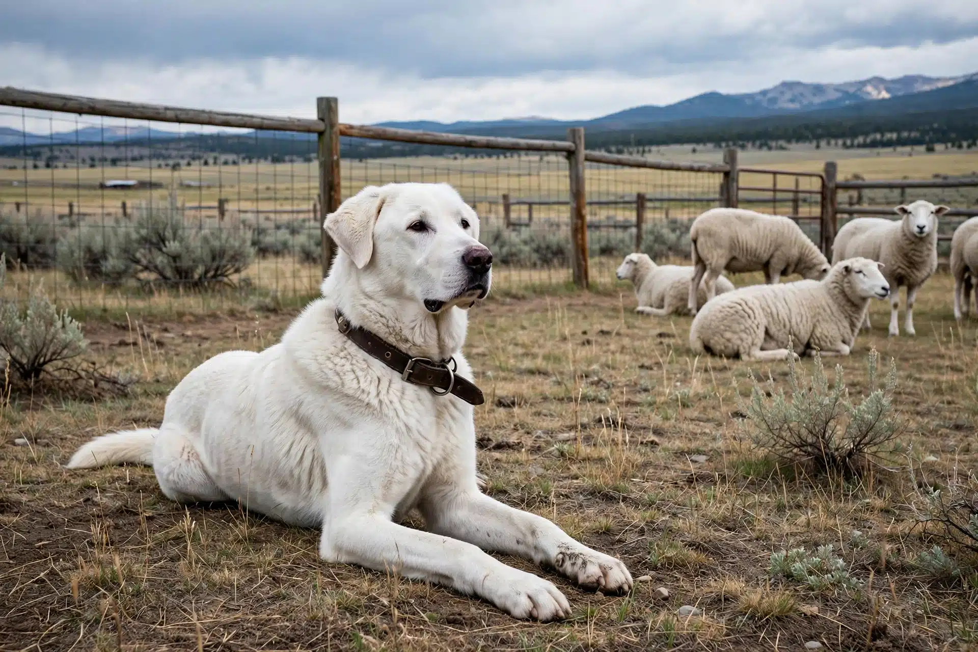 Akbash guardian resting beside sheep in Montana pasture