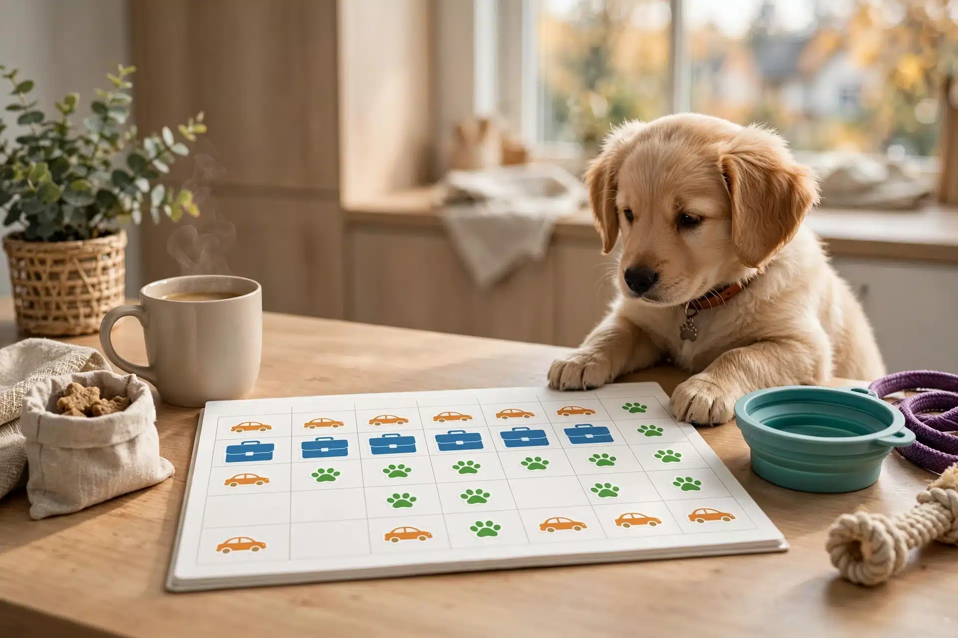 Kitchen table calendar with marked potty breaks
