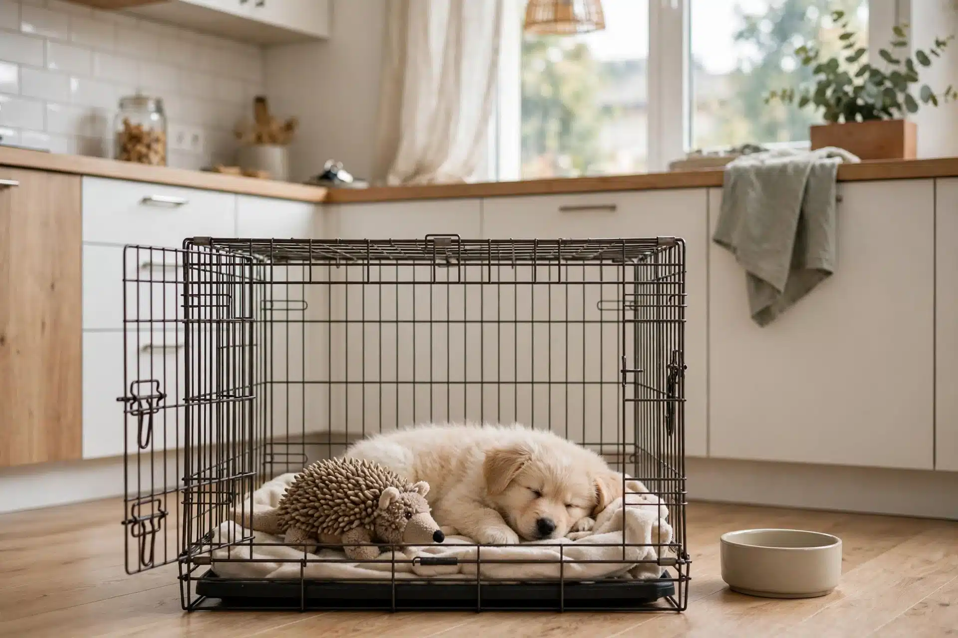 Fluffy puppy resting calmly inside bright kitchen crate