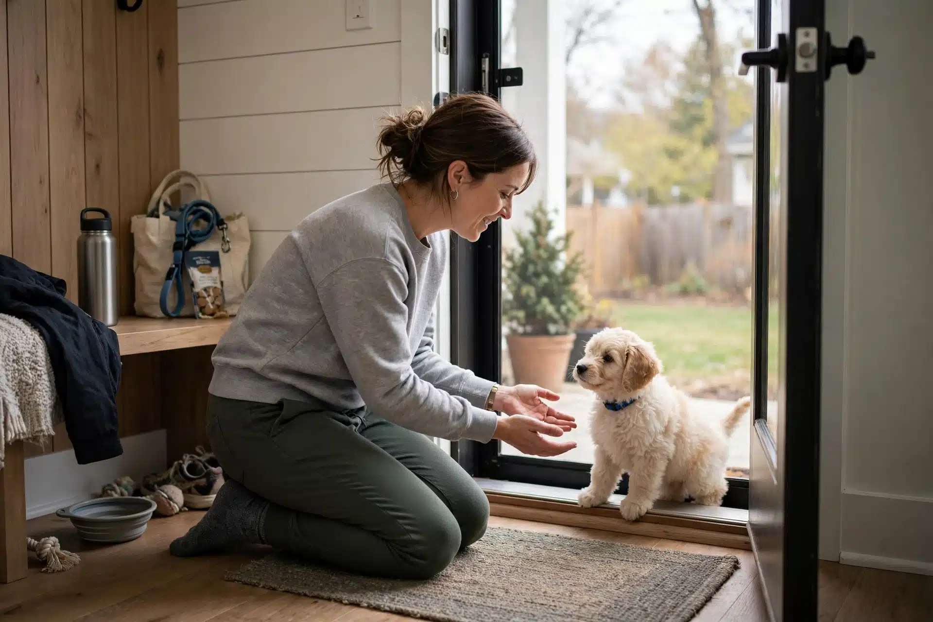 Kneeling family member greeting puppy at open back door