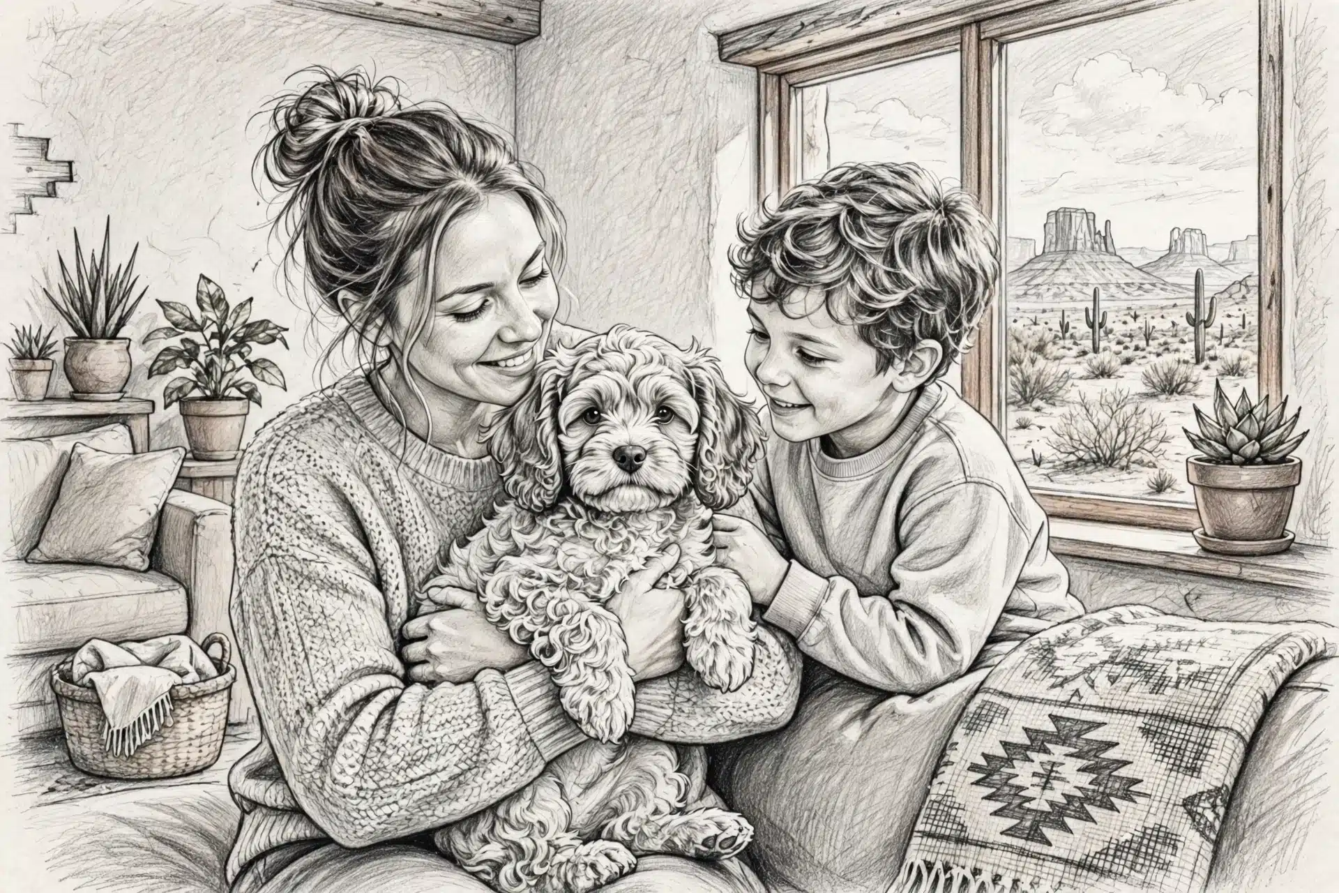 A family holds a wavy-coated Cavapoo puppy in a bright home