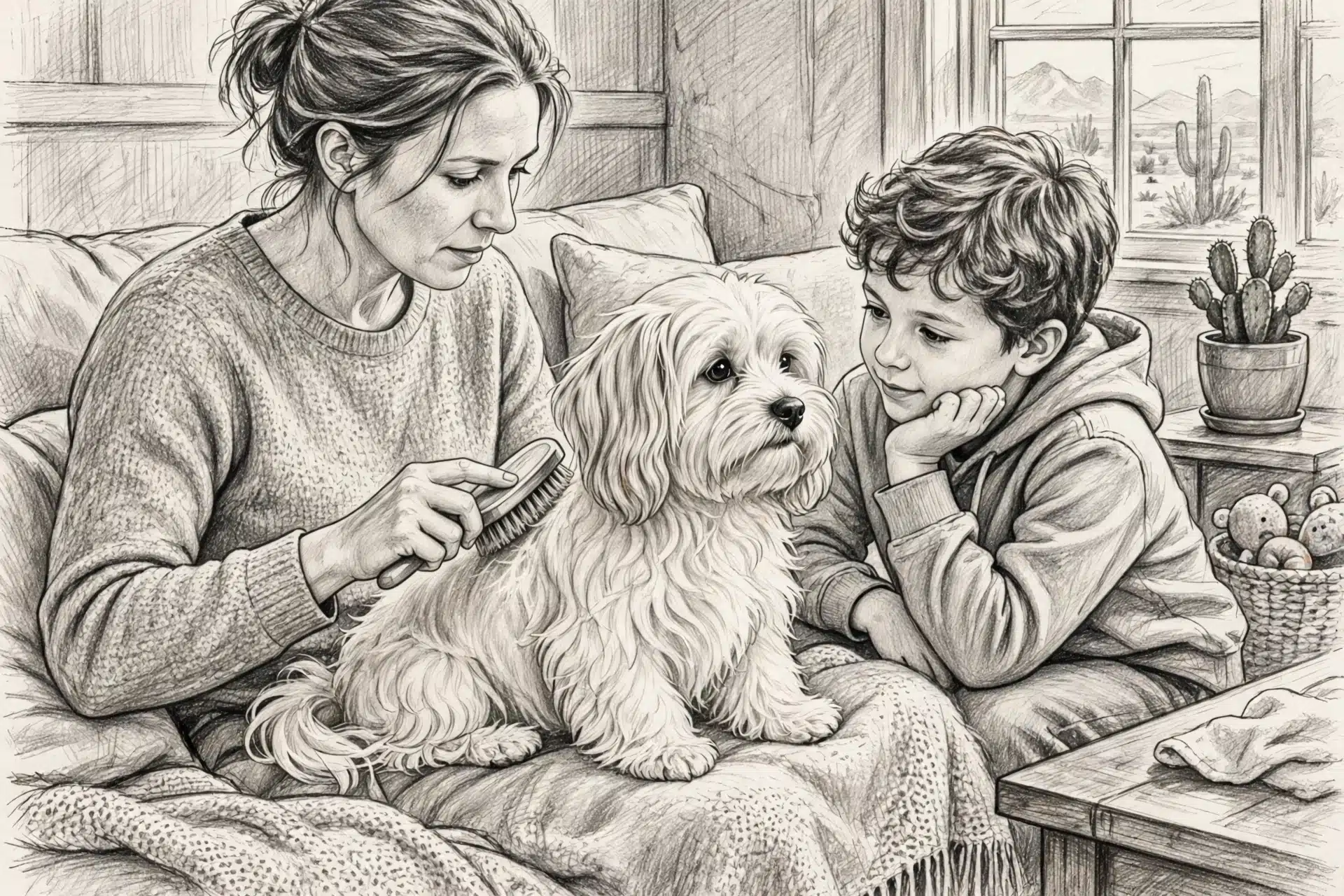 Family brushing cream Havanese puppy at home
