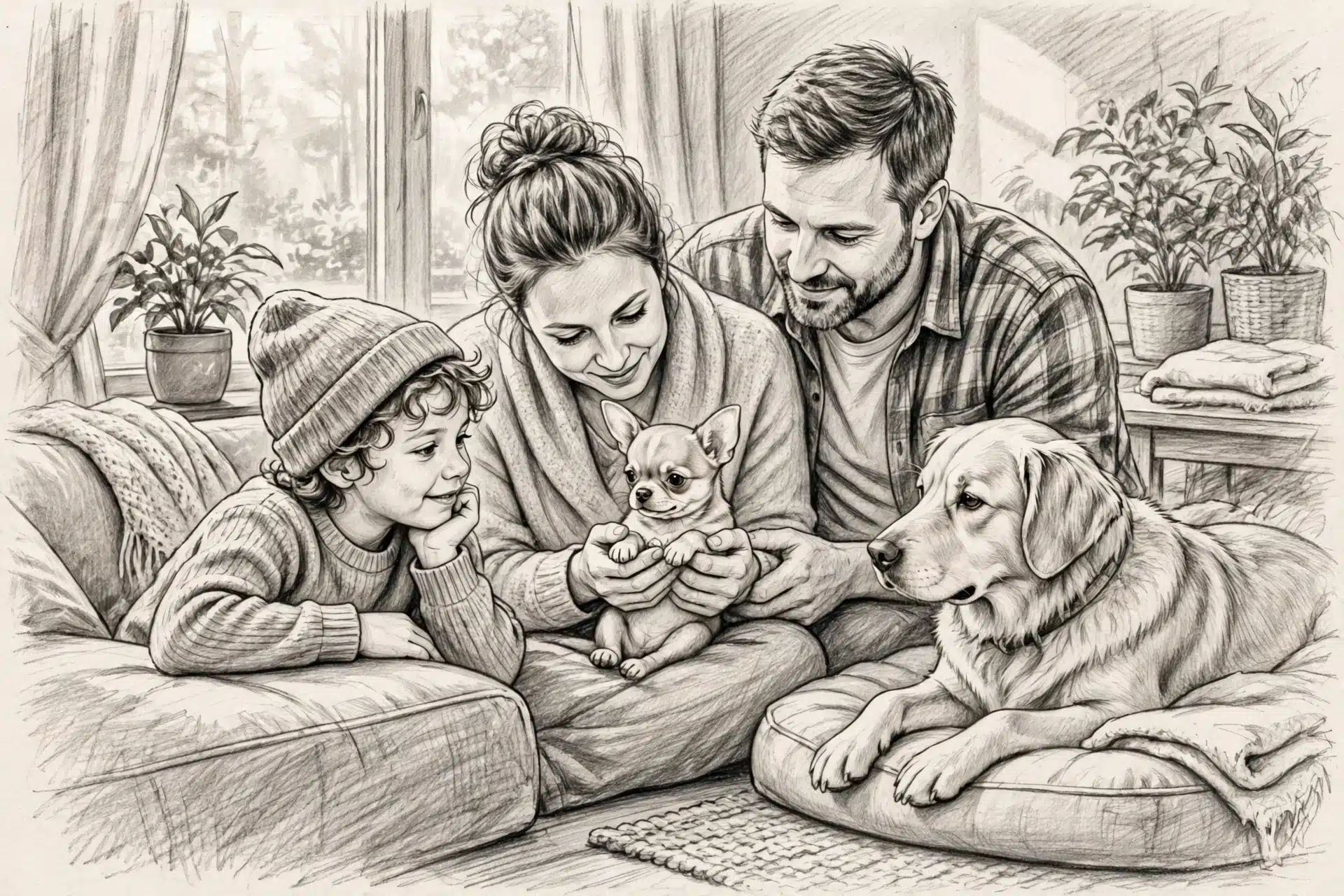 Family cradling fawn Chihuahua puppy indoors
